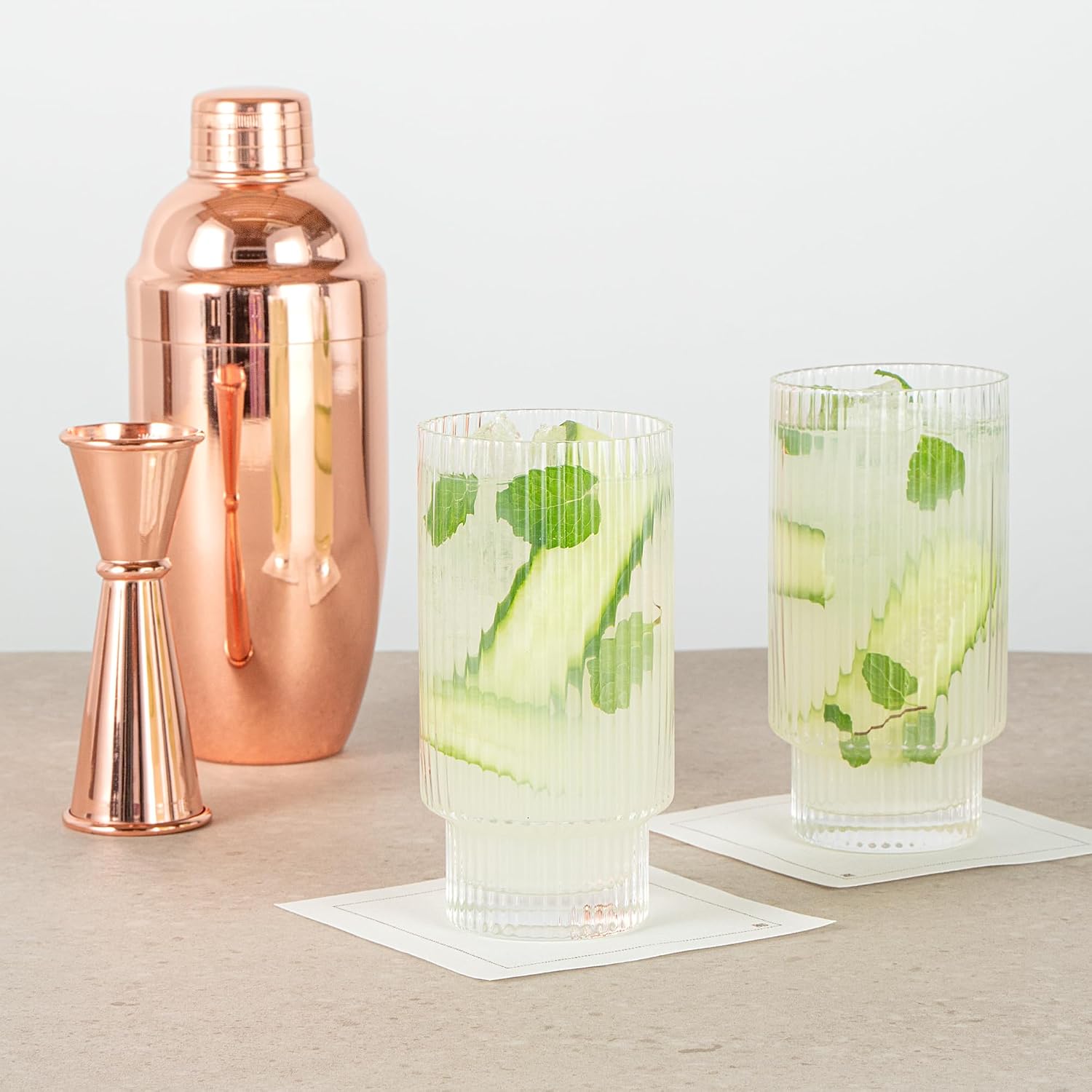 Restaurantware-Vetri 10 Ounce Highball Glasses, 24 Ribbed Drinking Glasses - No-Lead, Dishwashable, Clear Glass Tumblers For Scotch, For Drinking Liquor, Cocktail, Bourbon, Cognac, And More