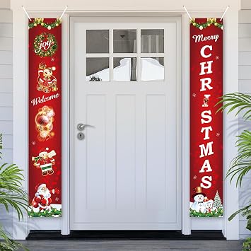 Christmas Door Banner, Xmas Banner Photo Booth Decorations, Santa Claus & Snowman Porch Sign Christmas Party Ornament for Indoor Outdoor Red