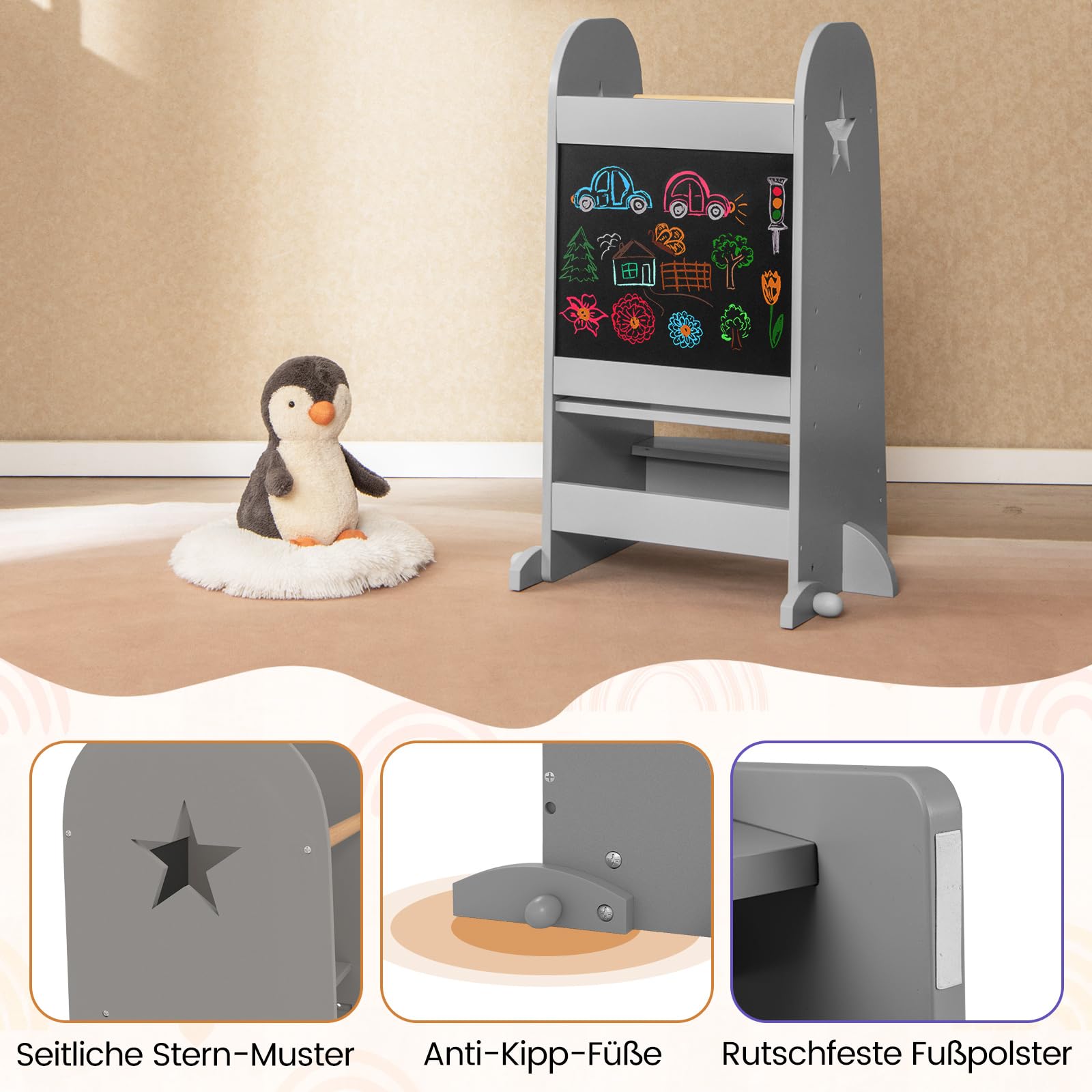 COSTWAY 3 in 1 Lernturm Kinder, Tritthocker mit 3 verstellbaren Höhen & doppelseitiger Tafel, Trittschemel Montessori, Küchenhelfer Lernstuhl für Kinder, 90 kg Belastbar, Grau