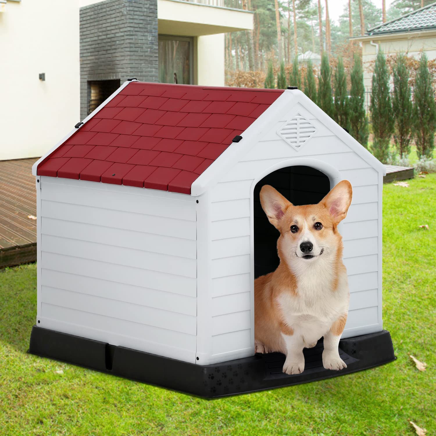 Large Dog House Indoor Outdoor Waterproof Ventilated Plastic Dog House Pet Shelter Cage with Ventilation and Elevated Flooring, Suitable for Small