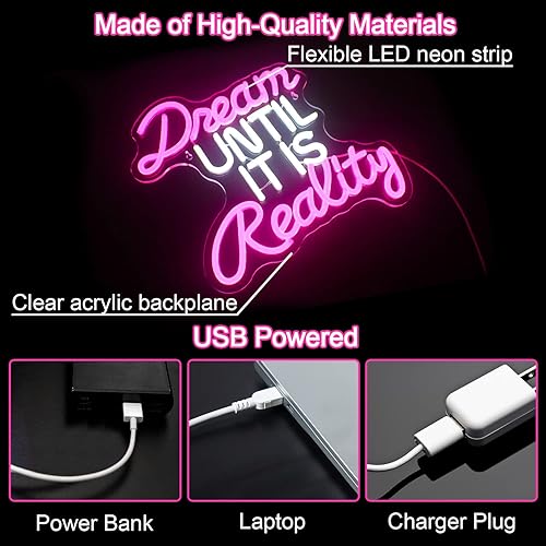 Miniatura 3 de Dream Until It Is Reality - Letrero LED de neón, letras de neón para decoración de pared, luces de neón con alimentación USB para dormitorio,