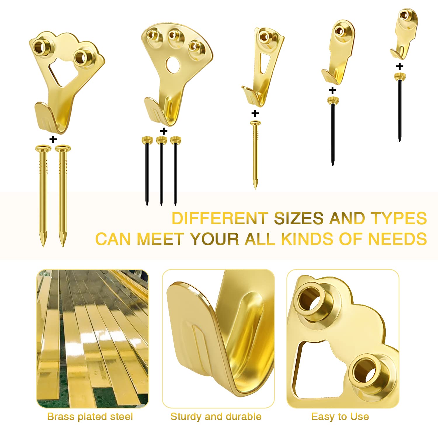 VooGenzek 44 Pezzi Kit Ganci Cornice Pareti Dure, Ganci Metallo Quadri Heavy Duty Immagine con Chiodi