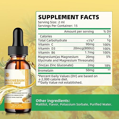 Miniatura 2 de M inch - Gota líquida de glicinato de magnesio, complejo de magnesio líquido de alta absorción con bromelina, vitamina, D3, B6 y zinc, suplemento de