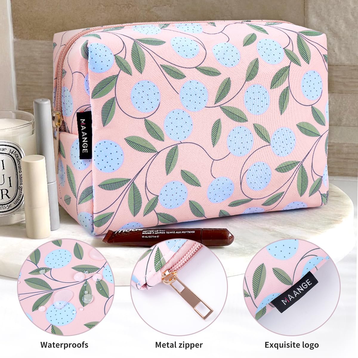 Small Cosmetic Bag MAANGE Travel Makeup Bag Makeup Pouch PU Leather Portable Versatile Zipper Make up Bag for Women(Plant) - Image 4