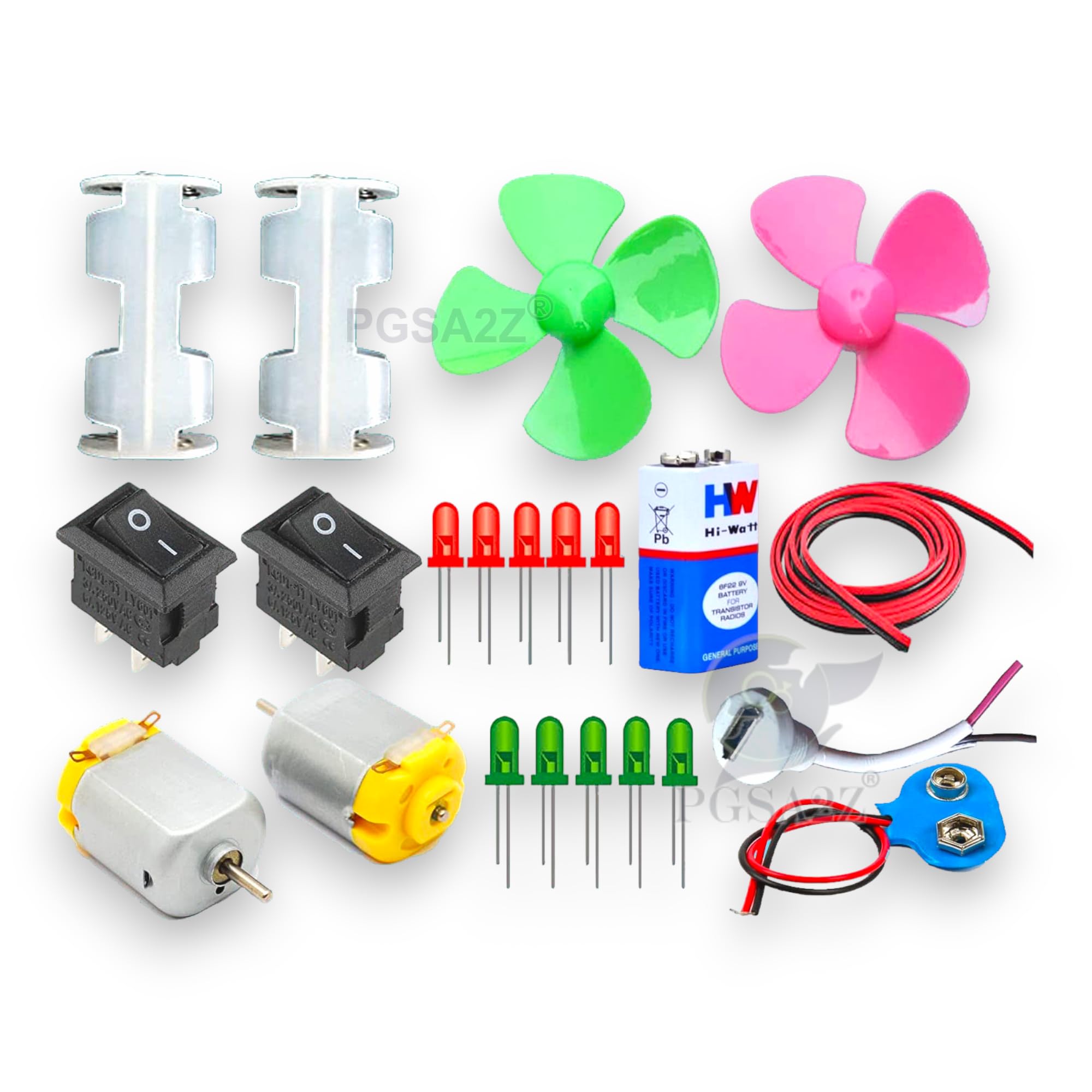 Hobby Science Project Material Kit with Battery Holder, Mini 4 Wing Fan, Switches, LED, 9v Battery, 1m Wire, Toy Motor, 9v Battery Snap Connector, Micro USB Port- Multi-Color - Ideal for Educational Experiments, DIY Projects, and STEM Learning