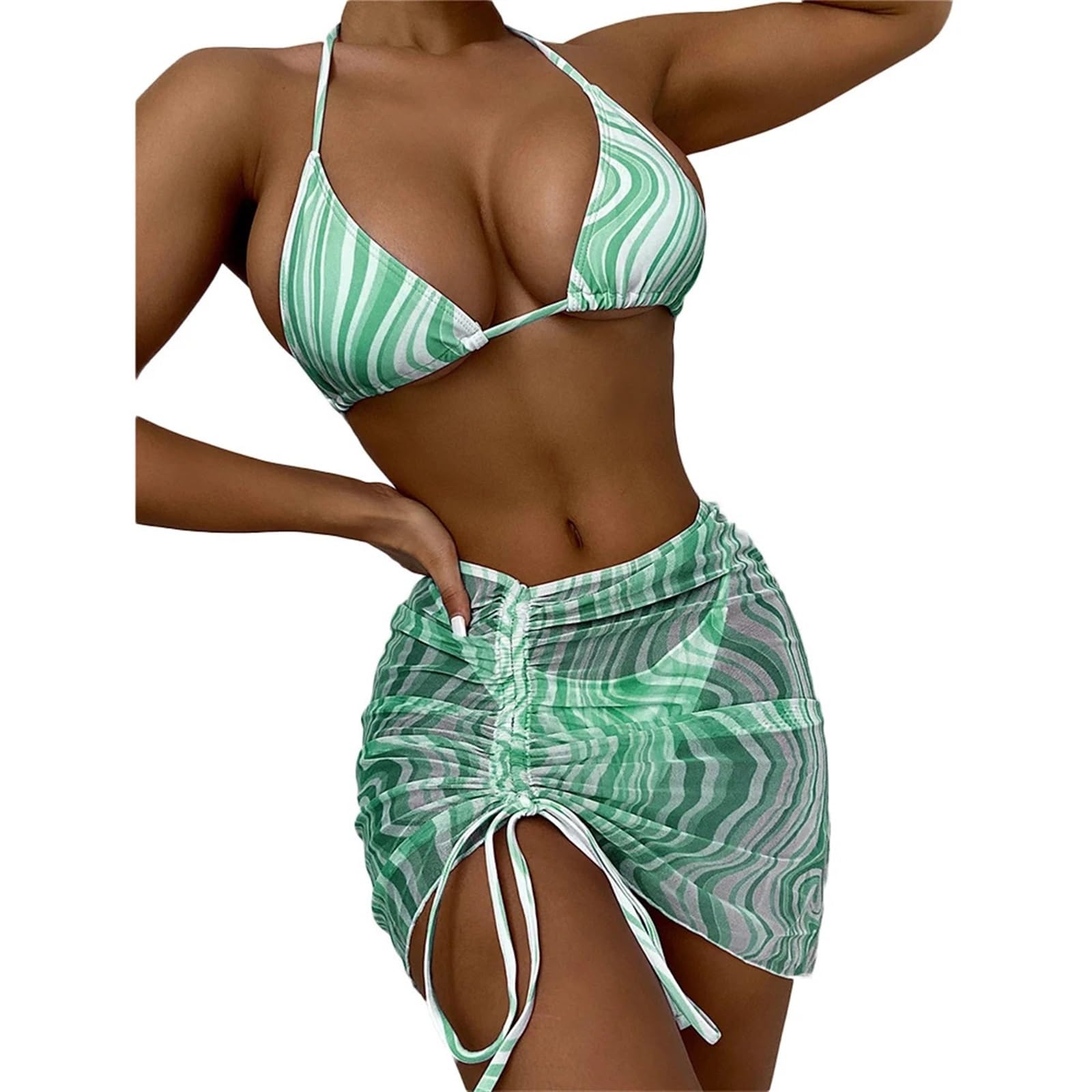 Conjunto de Bikini Conjuntos de Bikini con Estampado Ondas, Trajes baño Plisados ​​para Mujer, Traje 3 Piezas, minifaldas Cordones