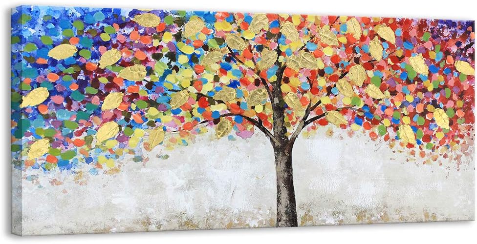 Kas Home Abstract Art - Blooming Gold Leaf and Colorful Flower Tree - Canvas Prints Large Framed Wall Art Wall Paintings for Living Room Bedroom Home Decorations Wall Decor
