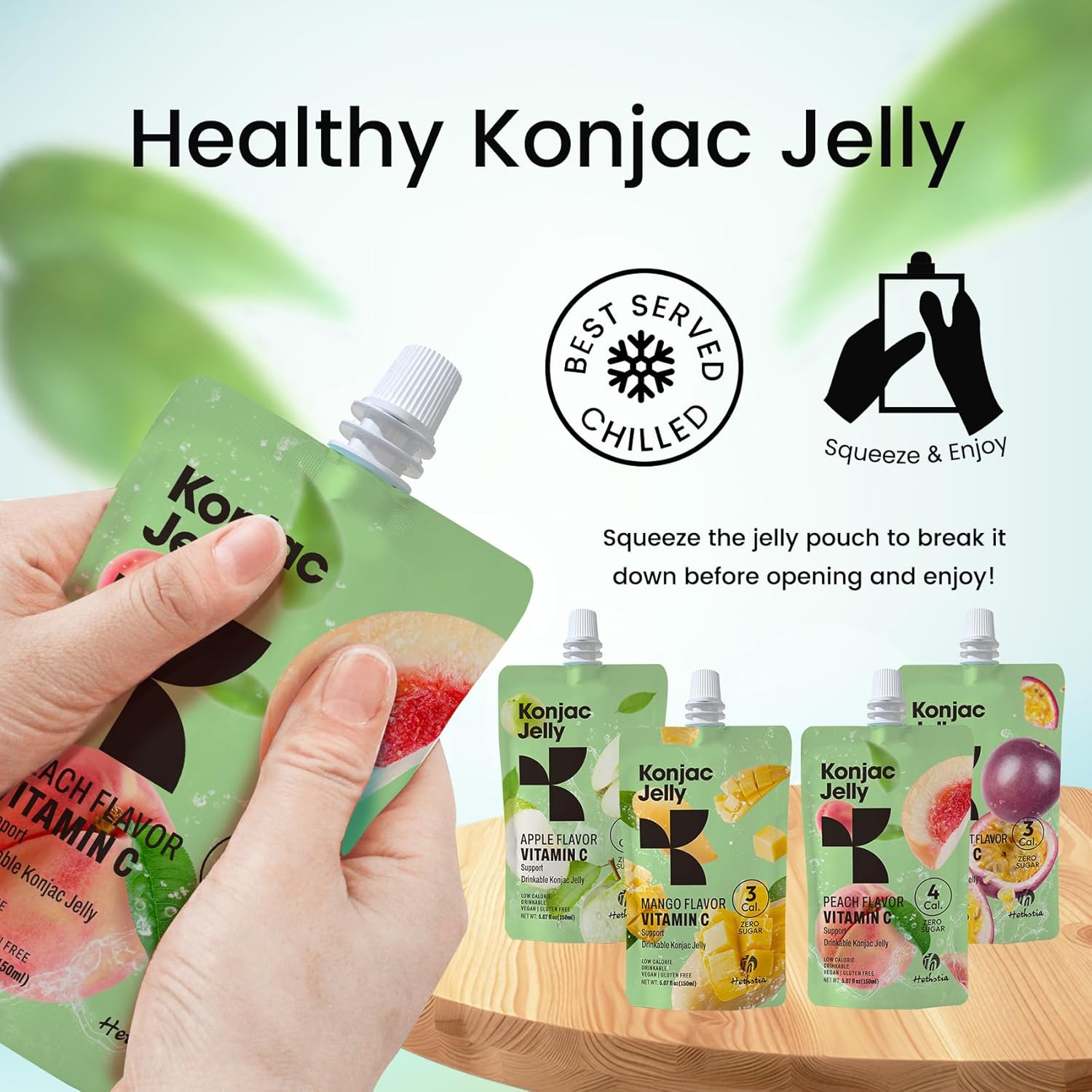 Hethstia Konjac Jelly Variety Pack, Drinkable Jelly 10 Pouches-Peach, Mango, Passion Fruit, Green Apple, Gluten-Free, Sugar-Free, Vegan, Keto, Low Calorie Snack with Vitamin C, On-the-Go Healthy Treat