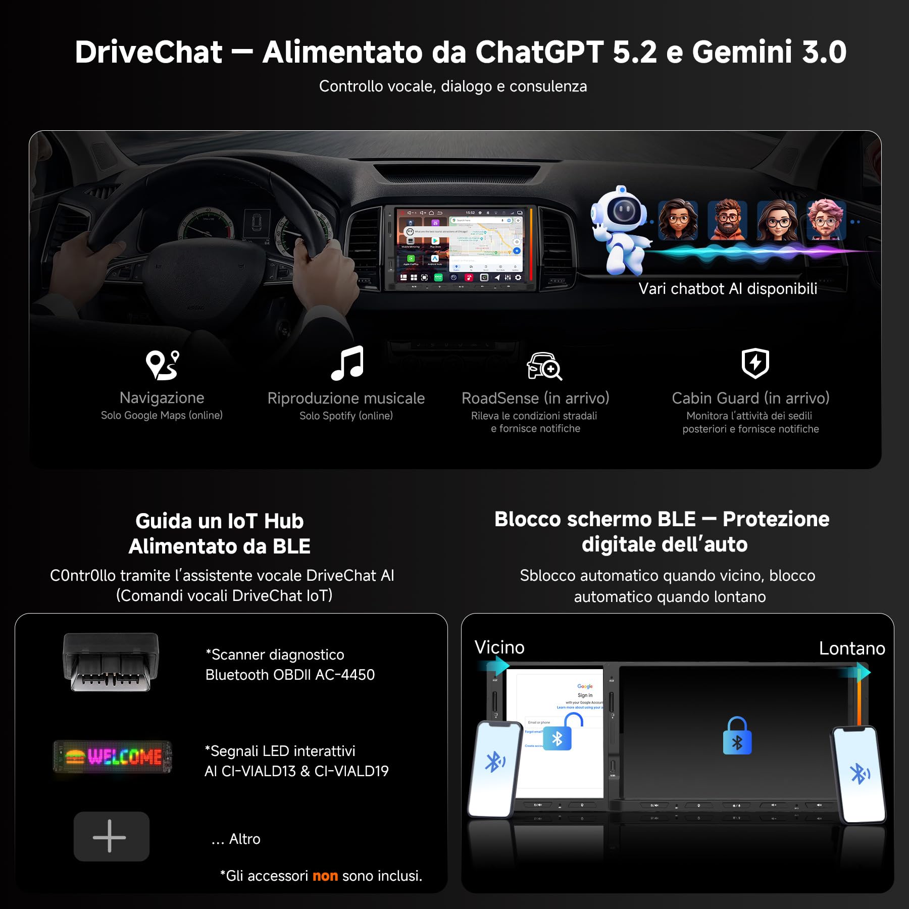 V10 Autoradio 2 Din Android 7" QLED, Karaoke in Auto, Registrazione Simultanea a 4 Telecamere, 4G SIM/Wi-Fi/USB Tethering, aptX HD Bluetooth, DSP Audio 7.1.2, IA Agentica