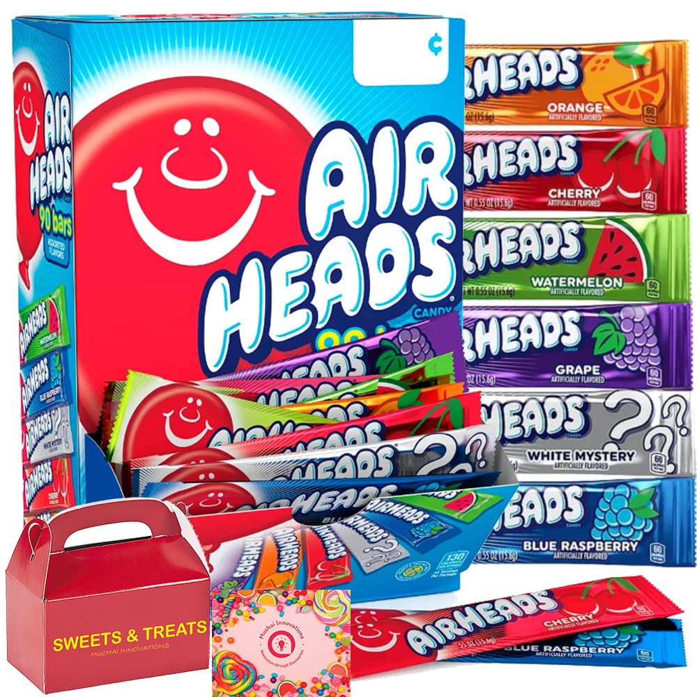 Airhead Fruit Flavored Candy Variety Pack | Watermelon, Blue Raspberry, Cherry, White Mystery, & Strawberry | Individually Wrapped | Treat Box Included (90 Bars - Bulk)