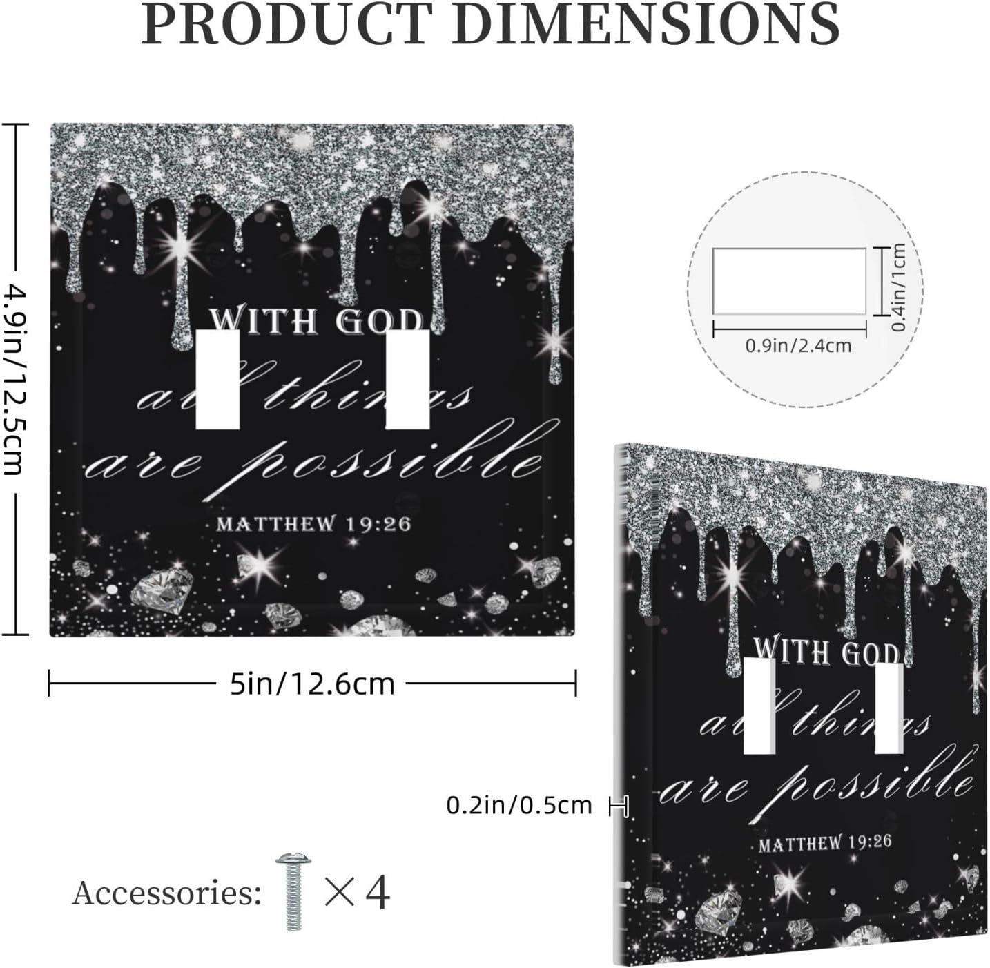 Black Silver Diamonds Modern Bible Verse Luxury Decorative Switch Plates 2 Gang Double Toggle Outlet Light Switch Cover Wall Plate Electrical Faceplate for Bedroom Office Decor