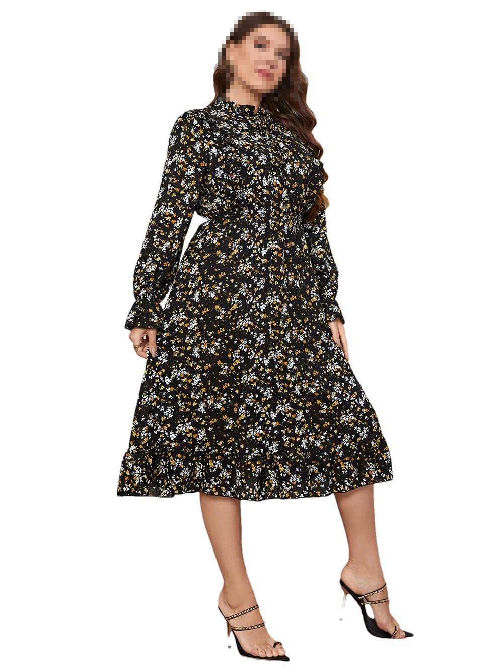 Vsadsau Vestido midi de gasa con estampado floral para mujer, talla grande, vestido de fiesta de manga larga abombada