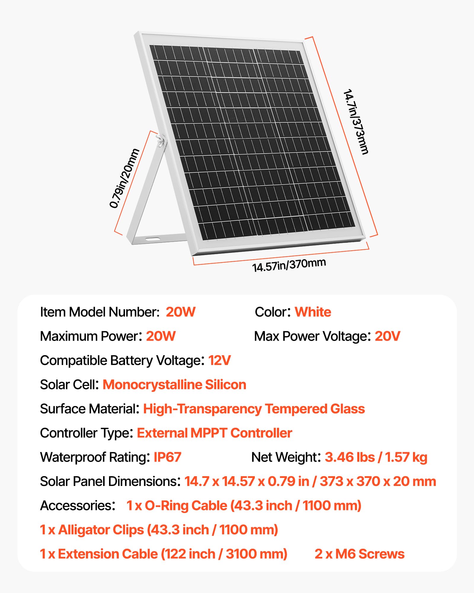 VEVOR Ładowarka baterii panelu słonecznego 20 W 12 V, z inteligentnym kontrolerem MPPT i regulowanym wspornikiem montażowym, wodoodporność IP67, do samochodu, łodzi, kampera, przyczepy motocyklowej