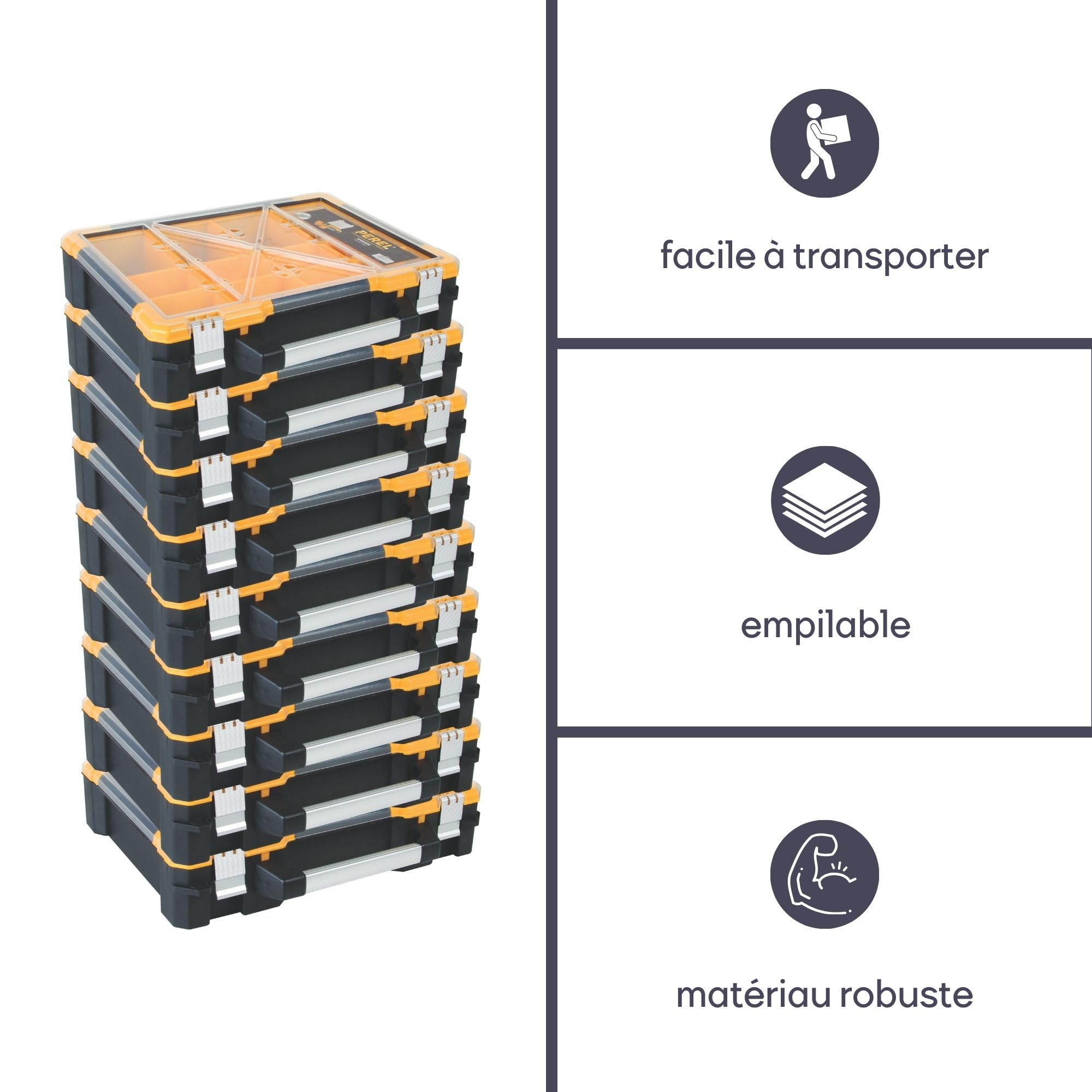 Perel Boîte d’assortiment, mallette de rangement en plastique avec 12 bacs amovibles, couvercle transparent, empilable, poignée et fermetures en aluminium, pour vis écrous clous et petites pièces