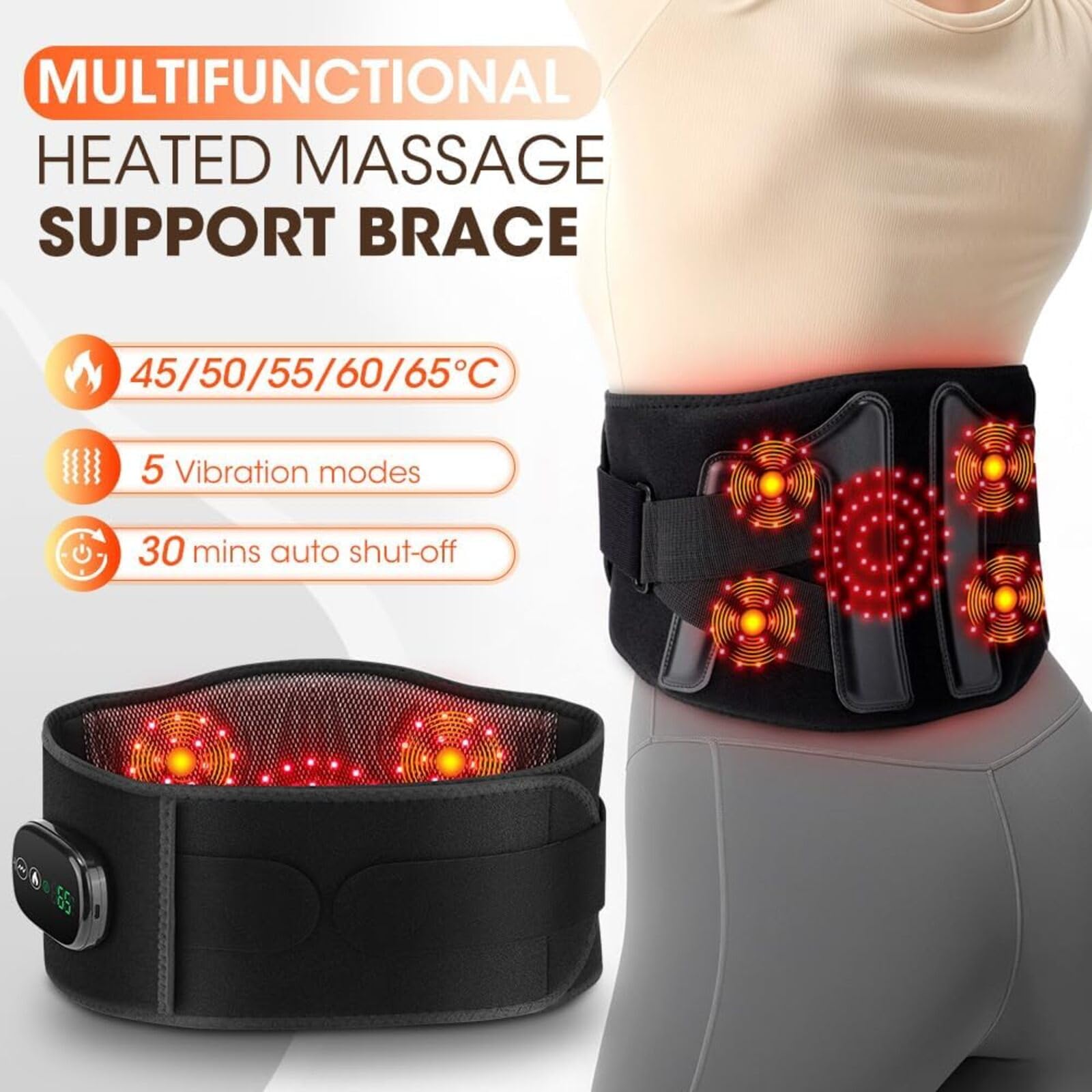 Wärmegürtel Vibrationsmassage, Infrarot Wärmegürtel Rücken Massagegerät | 5000mAh Akku, 5 Vibrationmoden, Anpassbare Elastikbänder, zur Schmerzlinderung und Entspannung
