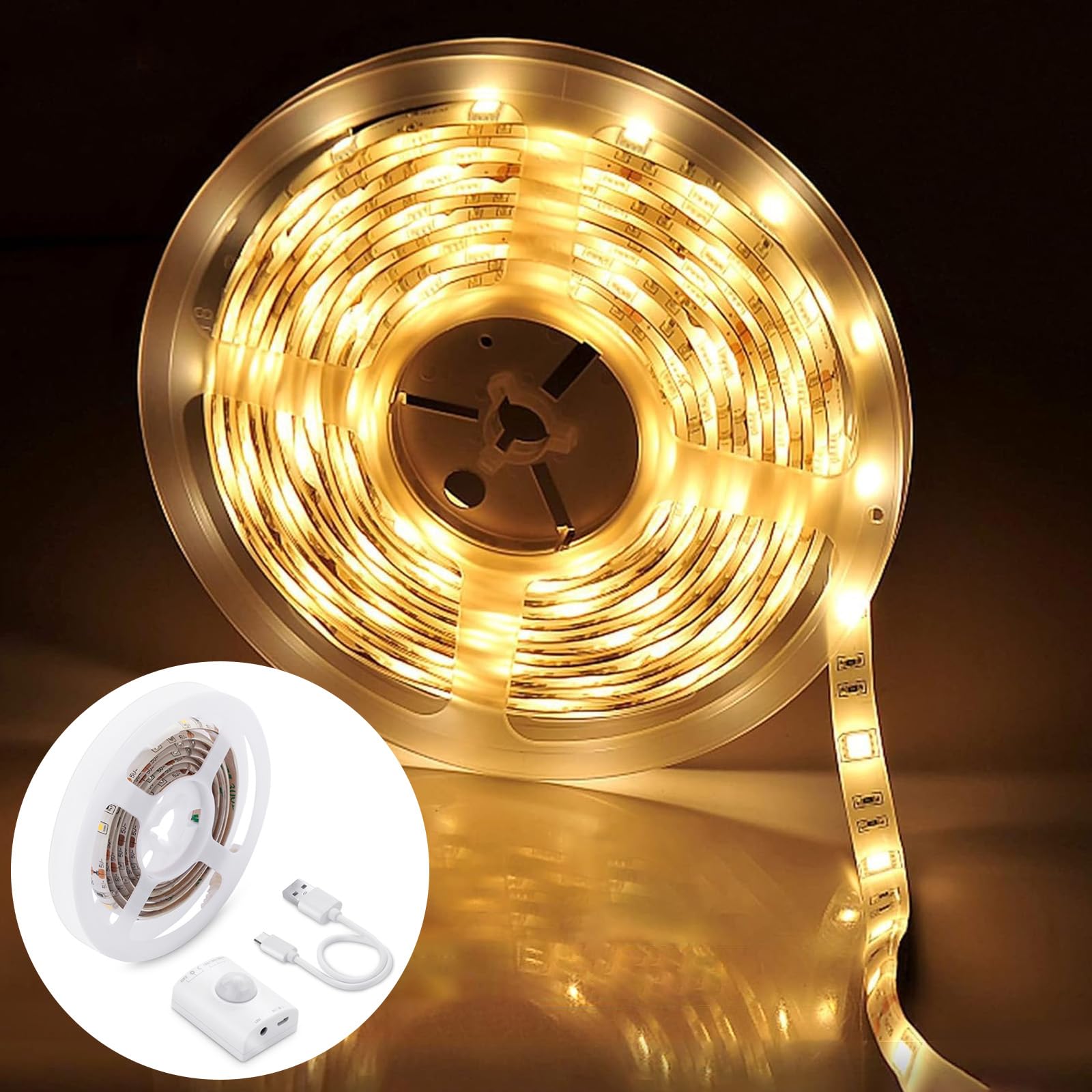 LUXJET LED Streifen mit Bewegungsmelder, 1,5m Warmweiß LED Streifen Akku Aufladbar Auto On/Off und Timer für Schrank, Schlafzimmer, Küche, Flur, Keller