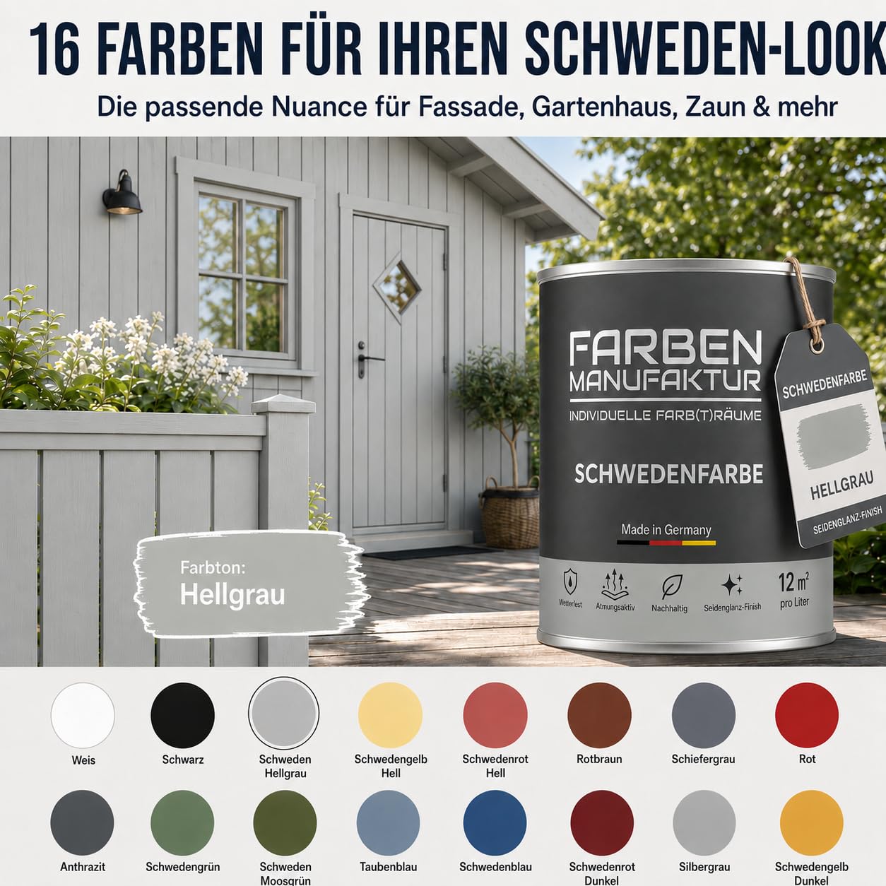Schwedenfarbe Holzfarbe Außen Wetterfest – Holzschutzfarbe für Fassade, Gartenhaus, Zaun & Scheune – Diffusionsoffen & Nachhaltig Wetterschutzfarbe 1/2/5L, Größe: 5L, Farbe: Schweden hellgrau