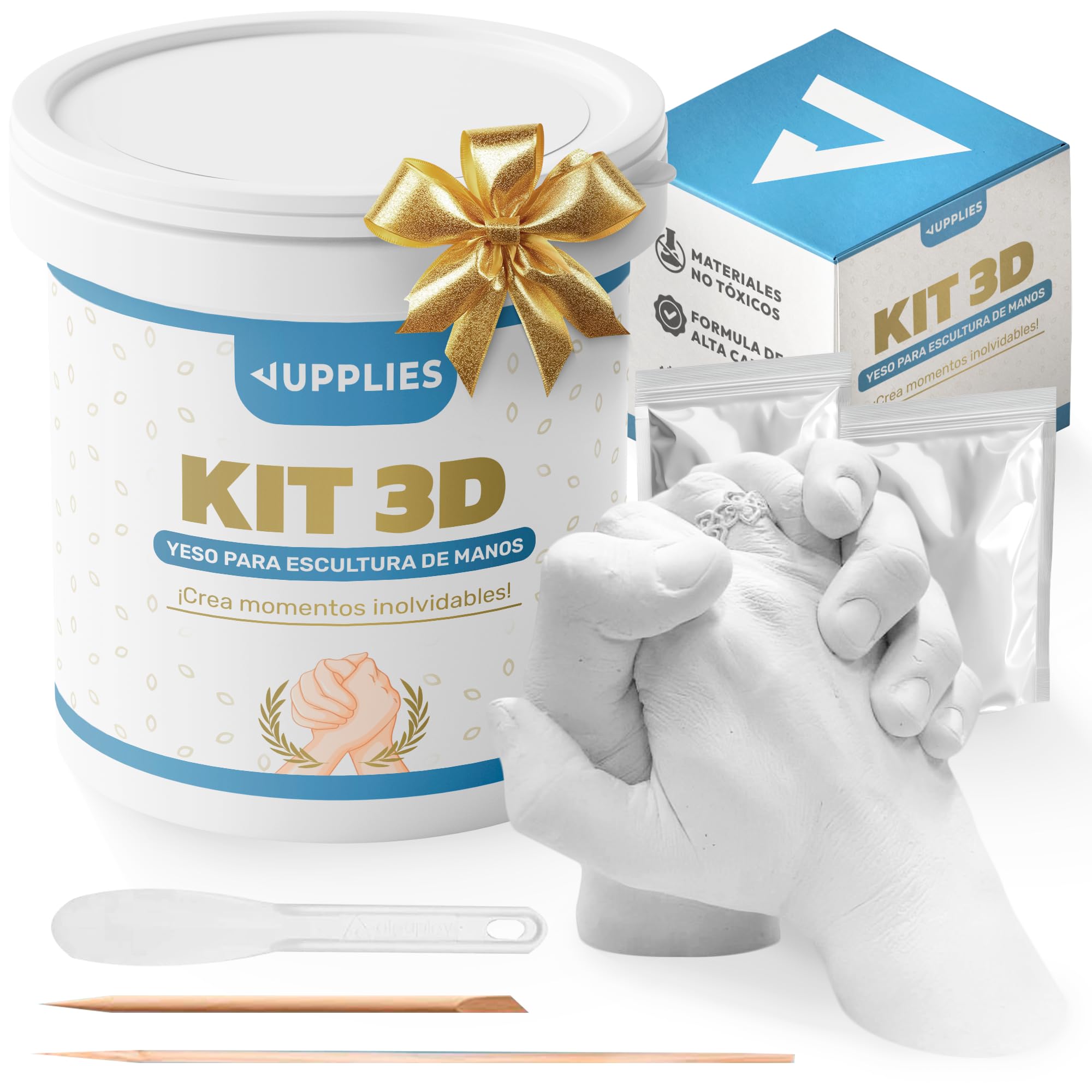 JUPPLIES Kit 3D Escultura Manos para Parejas - Molde Manos Incluye Alginato, Yeso, Balde 3.8L, Jarra Medidora y Espátula - Facil y Detallado - Regalo Ideal para Aniversarios, San Valentin, Familia