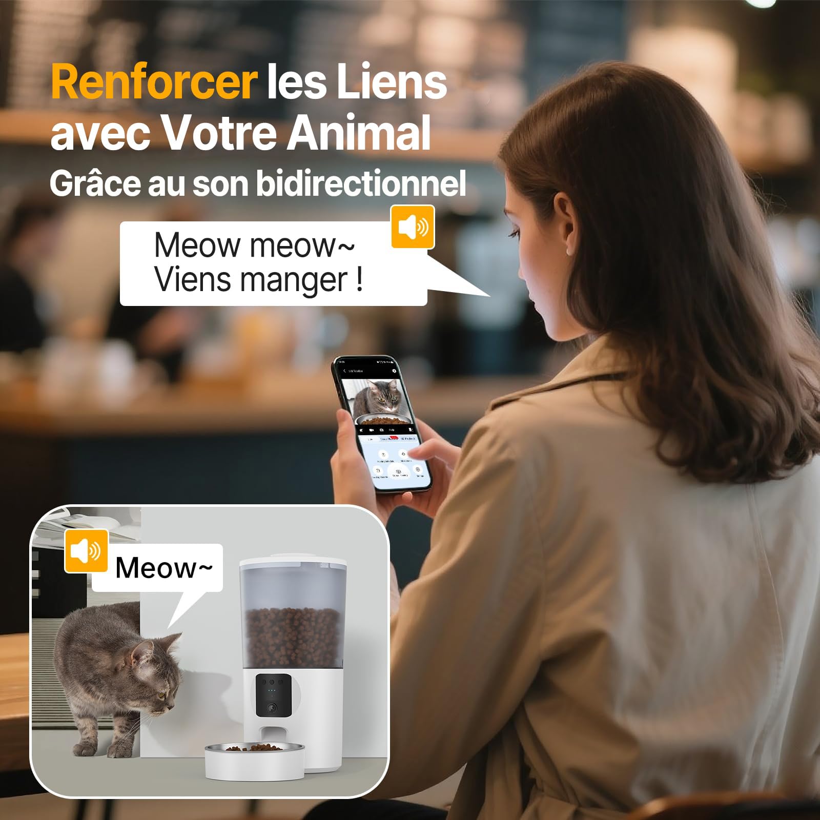 Distributeur Croquettes Chat Automatique, WiFi Caméra, Bol Inoxydable, Programmable & Portionnée, Batterie de Secour - PF5 Noir - Deux Gamelles 2K DIY Zone d’Alerte