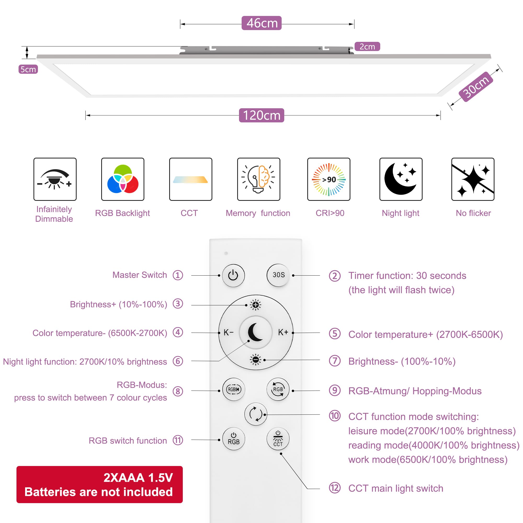 YindaLux 1x LED Panel 120x30 cm Deckenleuchte 40W mit RGB-Backlight Weiß | 4000lm, dimmbar, 2700–6500K, Fernbedienung, Nachtlicht, Speicherfunktion, Hauptlicht und Backlight separat steuerbar