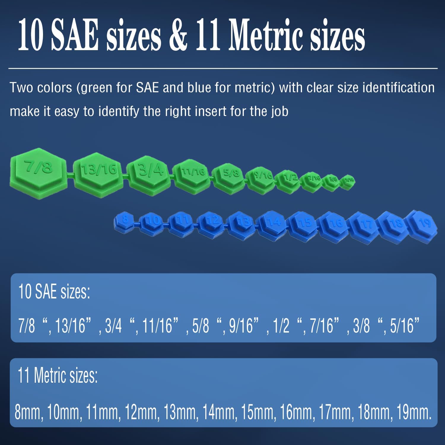 21PCS Magnetic Socket Insert Adapter Set with Hexagon Profile, 10 SAE Sizes (5/16-7/8 inch) and 11 Metric Sizes (8-19mm), for Efficient and Easy Work