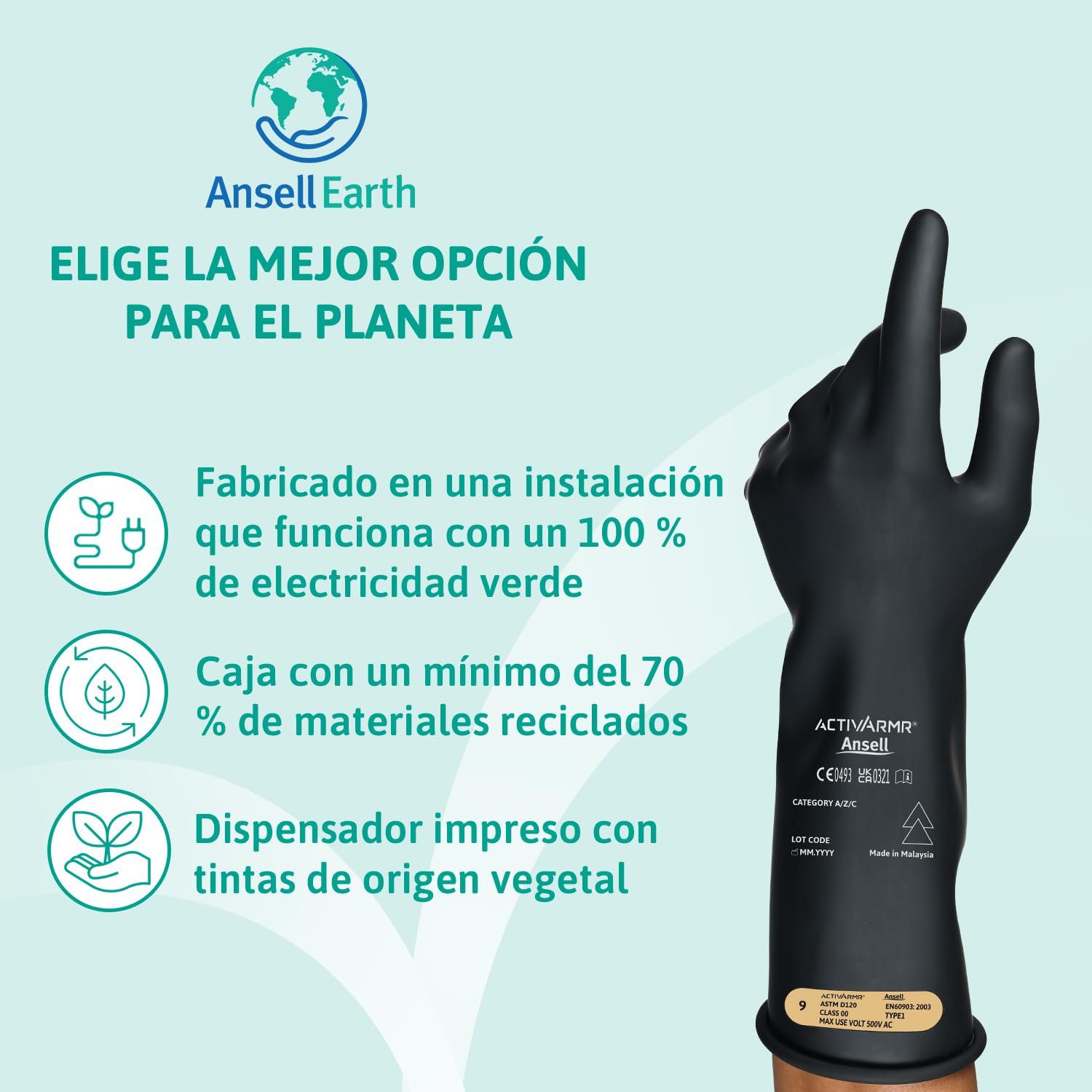 Ansell ActivArmr Guantes Aislantes Dieléctricos, Protección Eléctrica Class 00, Tensión 500V, Trabajos con Electricidad, Látex de Caucho Natural, 36 cm, Negro, Talla L, 1 Par