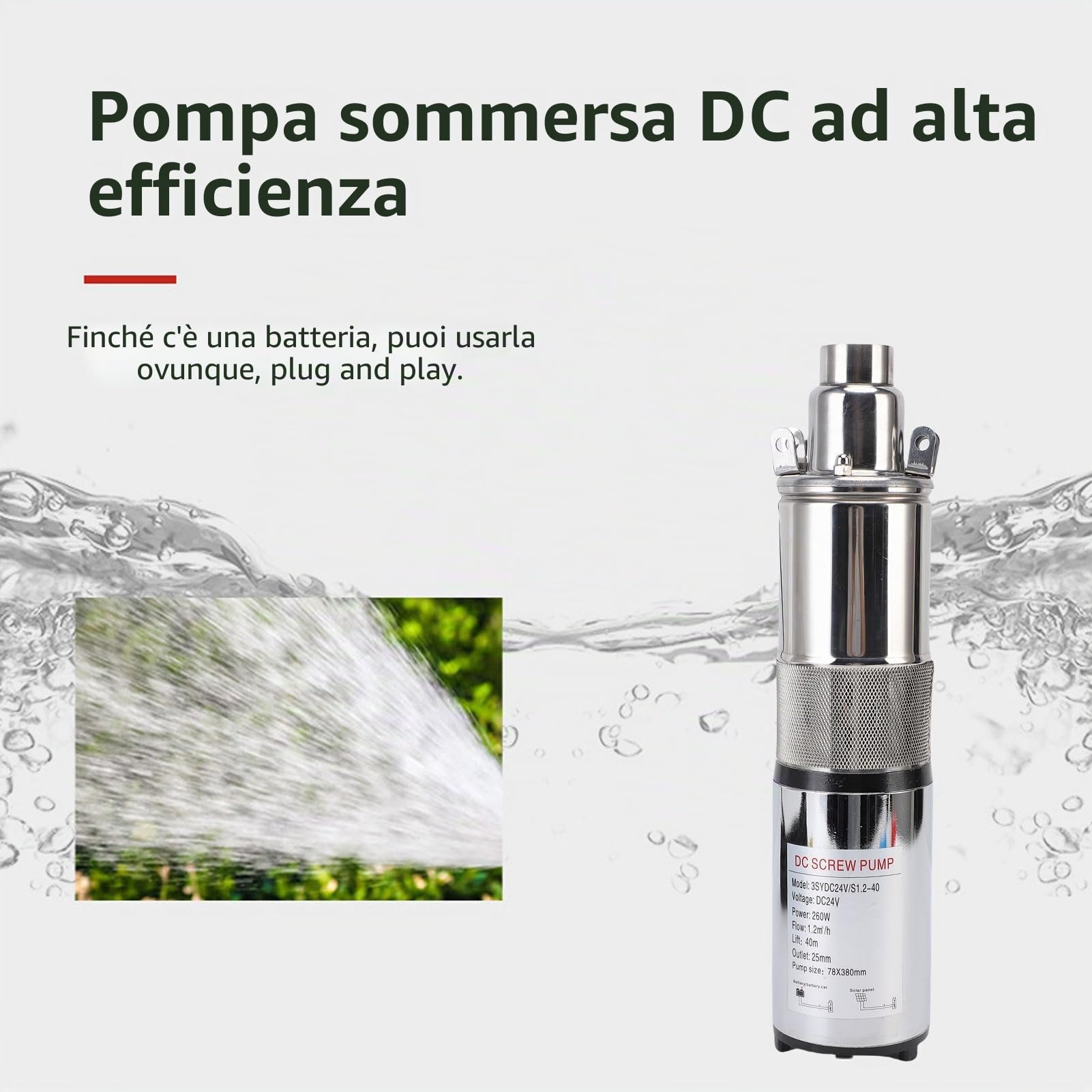 FLEXMAN Pompa Sommergibile per Pozzi Profondi 24V 260W, Portata 1,2M³/H, Testata 40M/131Ft, Uscita da 1 Pollice, Pompa a Vite Solare in Acciaio Inossidabile con Cavo da 10 Metri