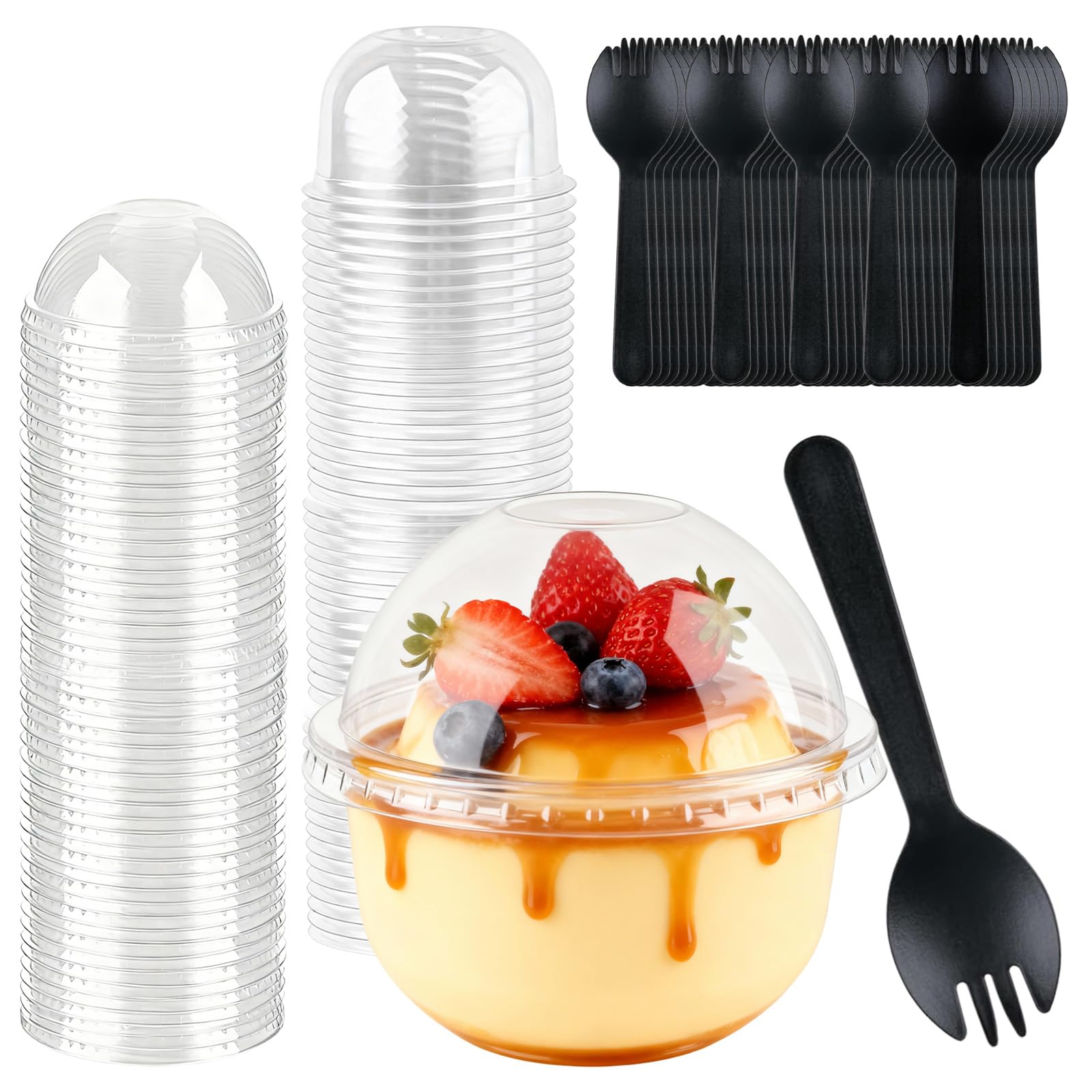NBOUOU 50 Reuse Plastic Dessert Cups with Dome Lids and Spoons, 8 Oz Cheesecake Dessert Pots with Lids, for Weddings, Gatherings, and Parties, Pudding, Yogurt Fruit, Mousse, and Ice Cream