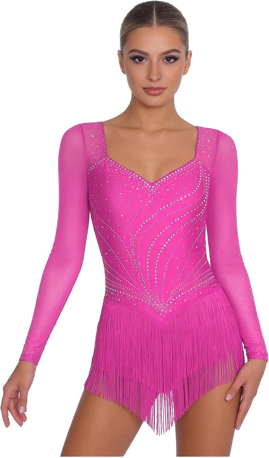 Long Sleeve Tassel Bodysuit Latin Dance Leotard Women
