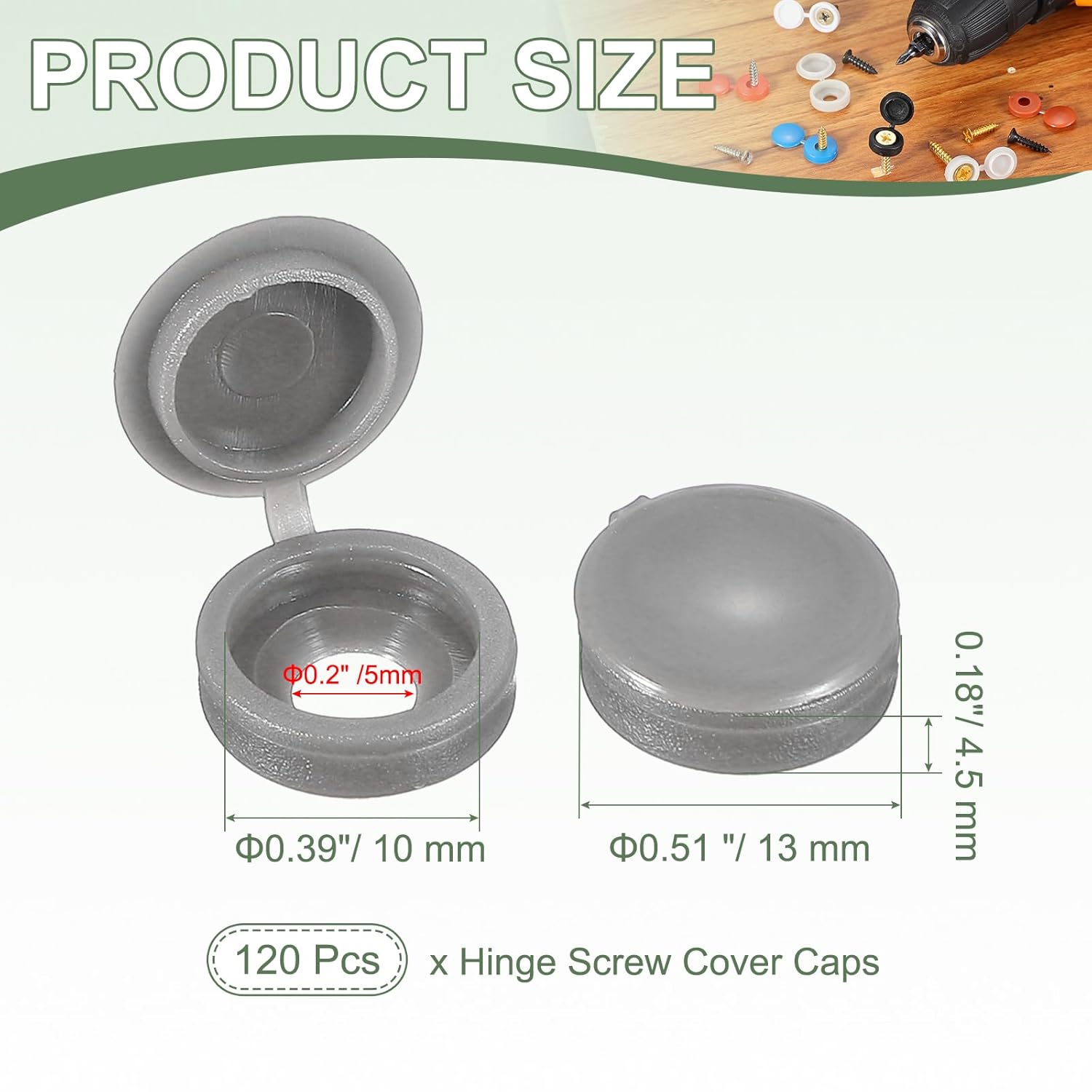 Screw Snap Covers, M5 Plastic Hinged Screw Cover Caps Shutter Screws Fold Snap Washer - Fitting for (Windows/Railings/Home Furniture/Cabinets), 5mm & 120 Pack & Dark Grey