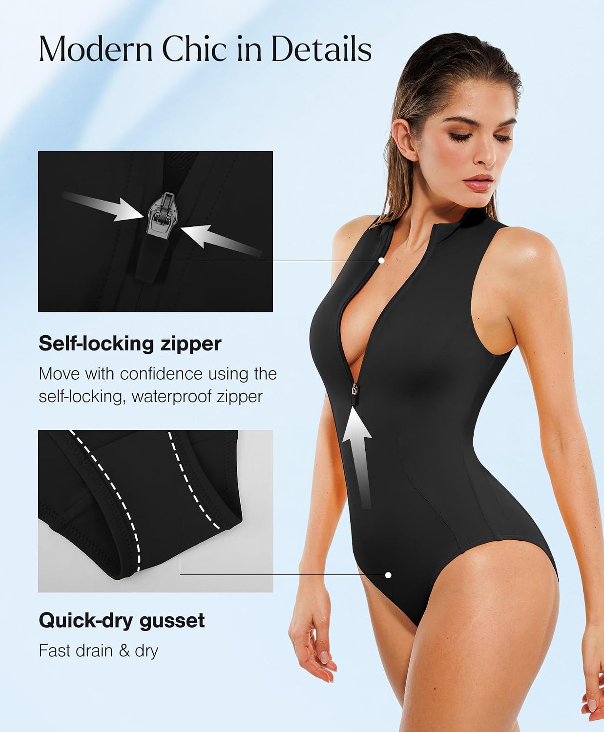 Popilush Tummy Control One Piece Swimsuits for Women Shapewear Athletic Zip Up Swimwear Slimming Bathing Suit Padded Outfits