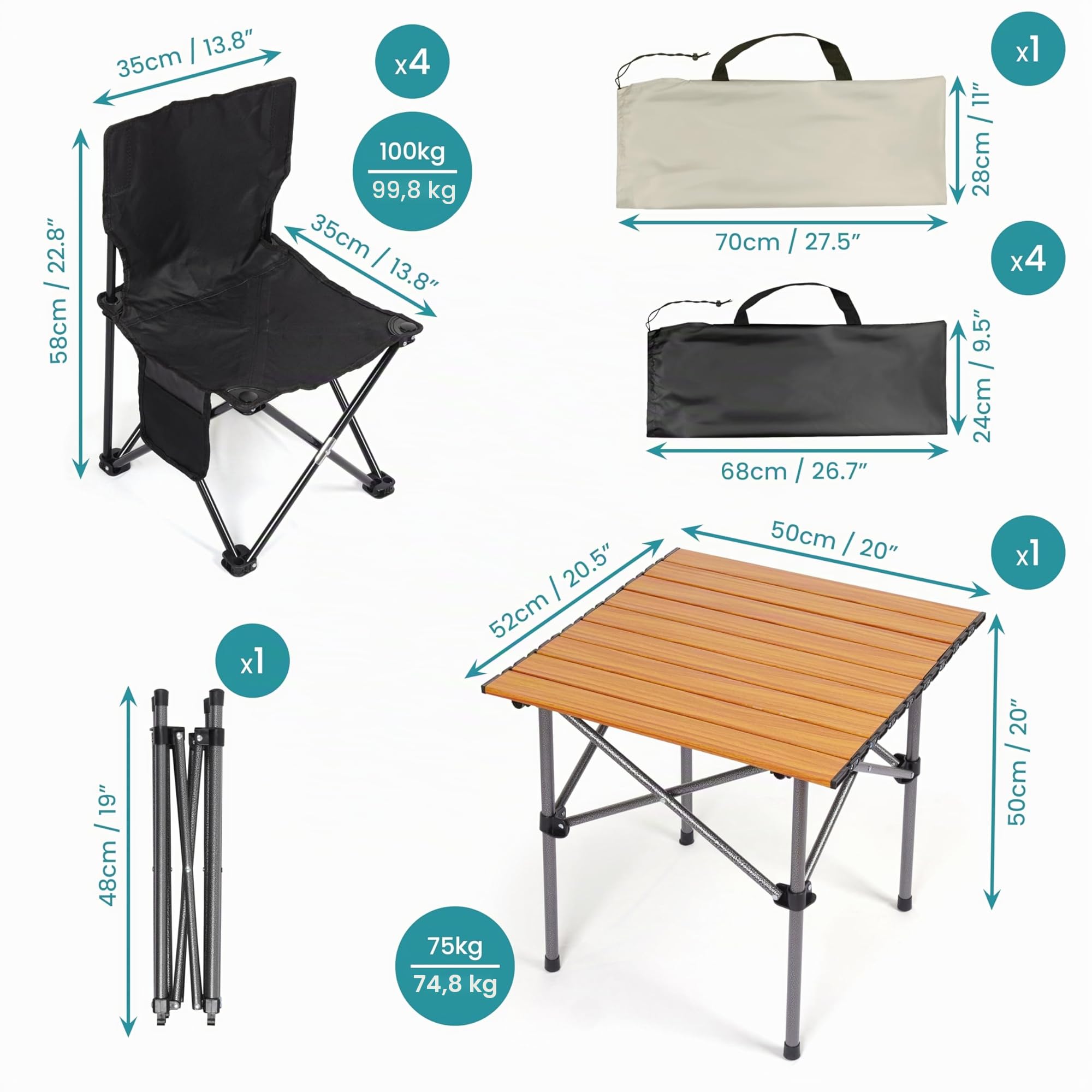 BELLE VOUS (5 Pezzi Set Campeggio con Sedie e Tavolo Neri - Sedie Pieghevoli Portatili per Uso Esterno/Interno - Per Picnic, Barbecue, Feste in Giardino e Viaggi