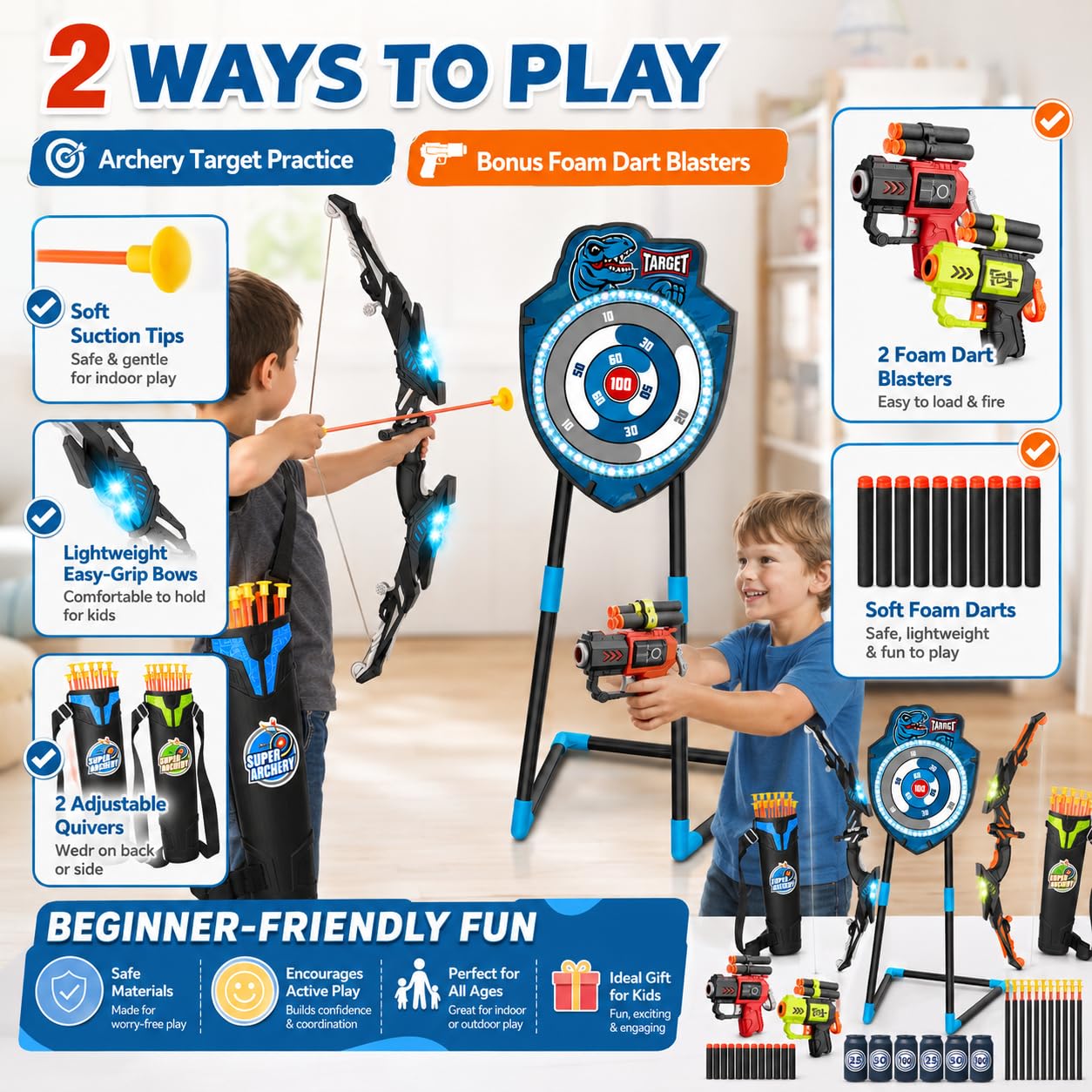Kit de tir à l'arc LED pour enfants de 4 à 12 ans – Comprend un arc et des flèches, cible debout – Jouet de sport de plein air parfait pour garçons et filles (bleu/vert)