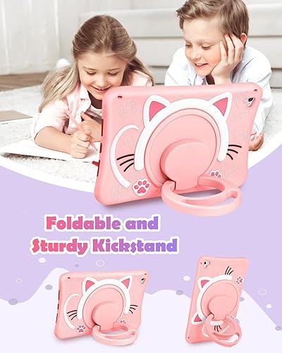 Miniatura 5 de Funda para iPad 6 generación, iPad Air 2Pro de 9.7 pulgadas, diseño de gato kawaii, diseño femenino de dibujos animados con mango giratorio y correa