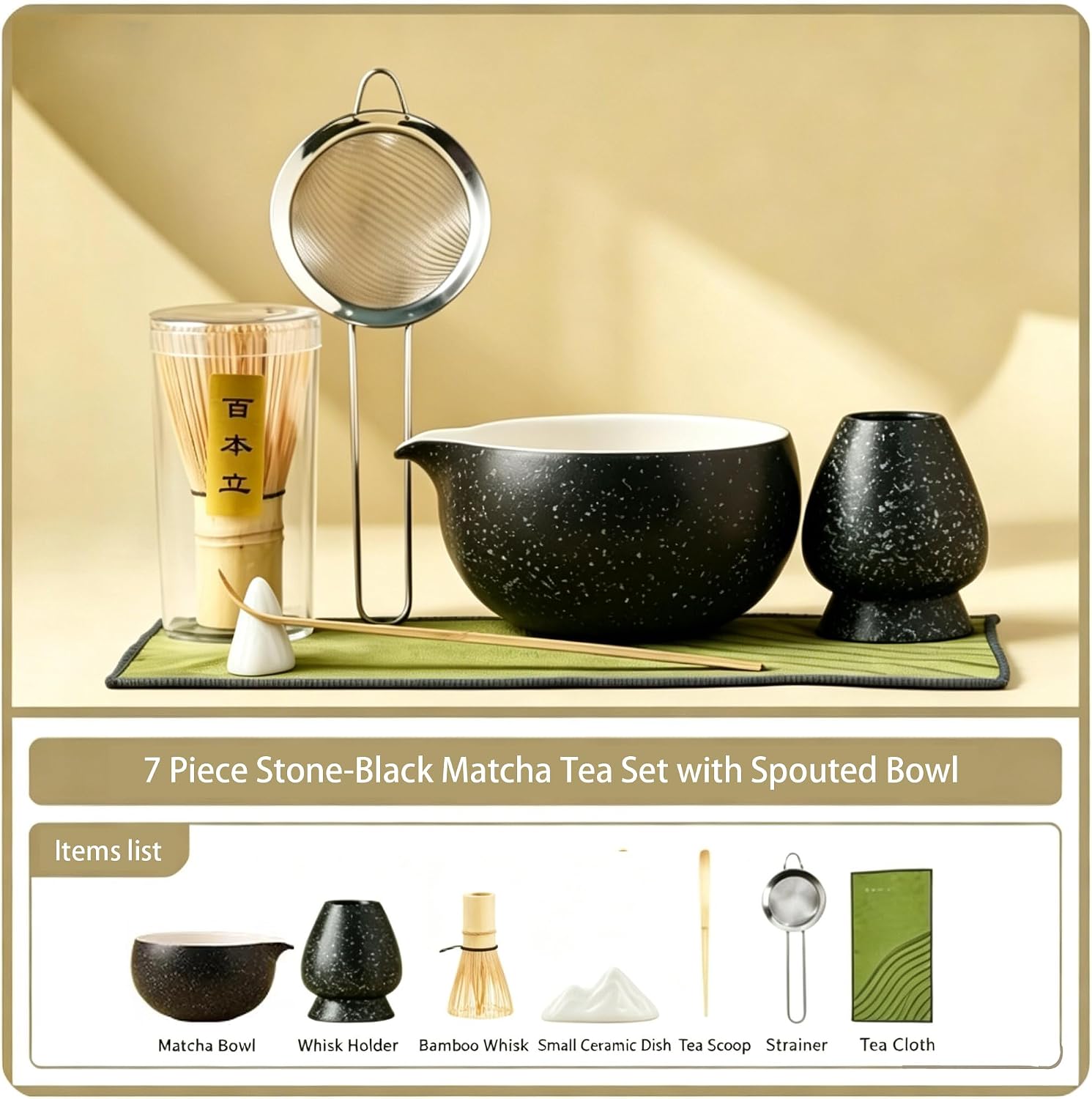 Matcha Whisk Set, 7-Pcs Matcha Kit, Japanese Matcha Tea Ceremony Set, Black Ceramic Chawan with Pour Spout, Bamboo Chasen, Scoop, Holder, Sifter & Tea Towel, Complete Matcha Starter Gift Set