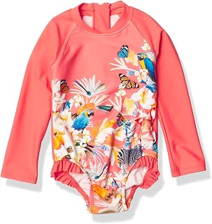 Girls' Long Sleeve One Piece Swimsuit with Zip Front, Mini Me Bora Bora Flora SugarCoral, 1