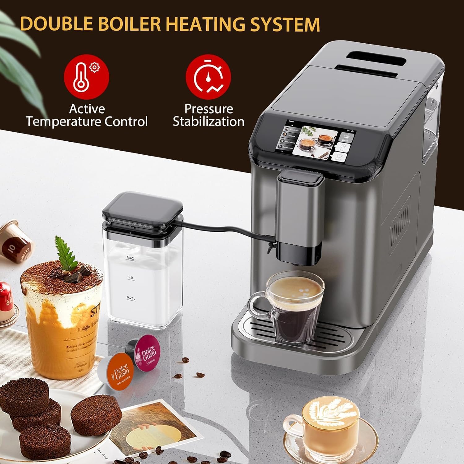 20Bar Fully Automatic Espresso Machine - Dual Boiler System, Self Cleaning, LCD Touch Control, Automatic Milk Frother, Professional Coffee Machine for Home/Office