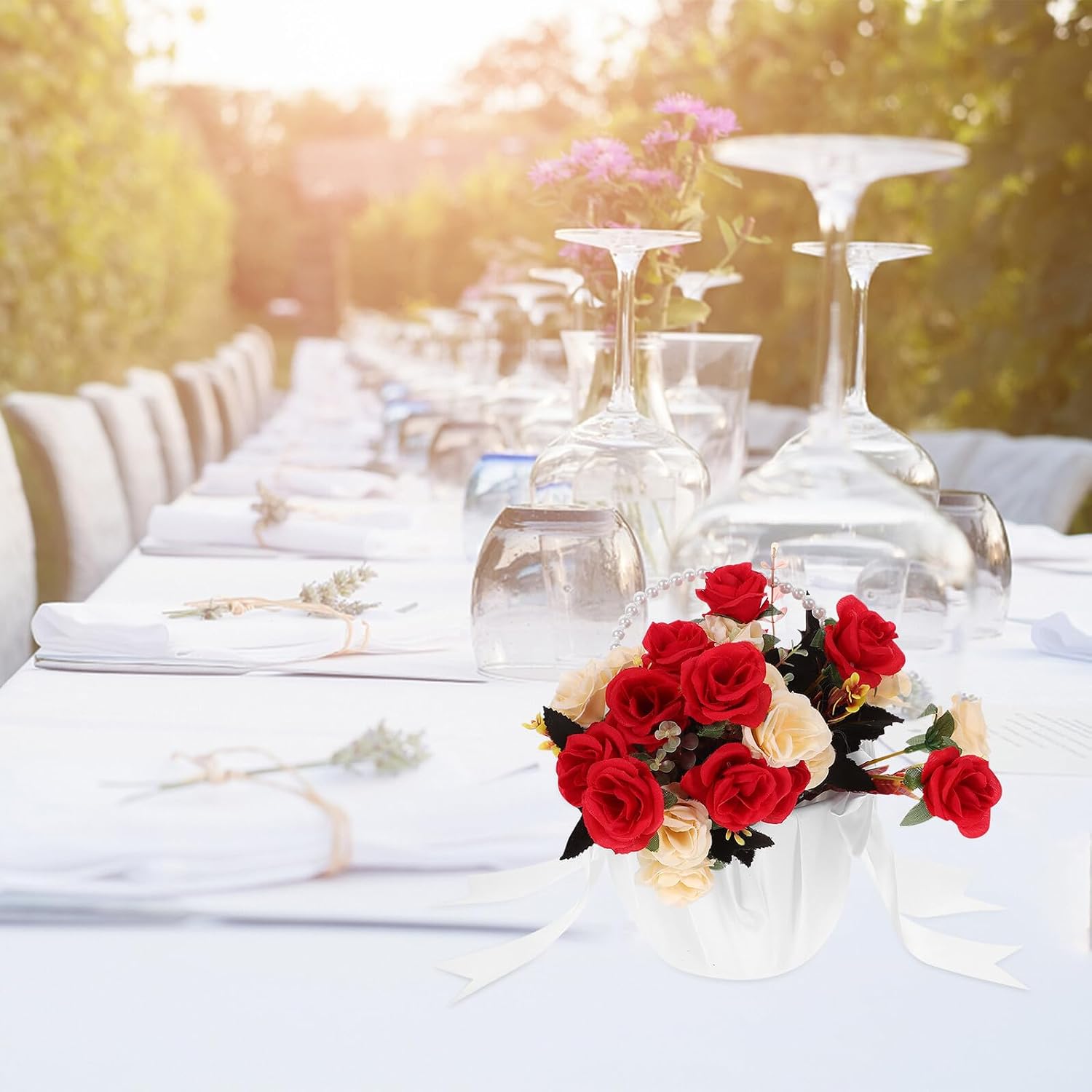 Pearl Wedding Flower Girl Basket with Handle Bleached Lace Handheld Flower Basket for Wedding Party Decoration