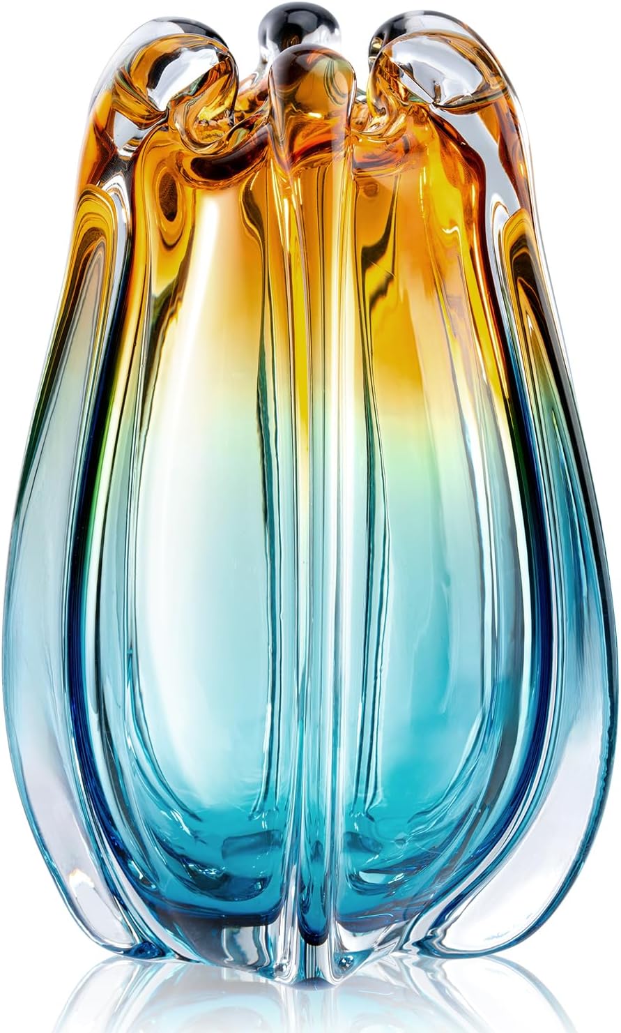 Hand Blown Glass Vase for Flowers, 9.45" Unique Murano Style Art Glass Vase, Fluted Teal Amber Ombre Decorative Vases for Home Decor, Living Room Table Centerpiece, Bookshelf, Wedding Gift