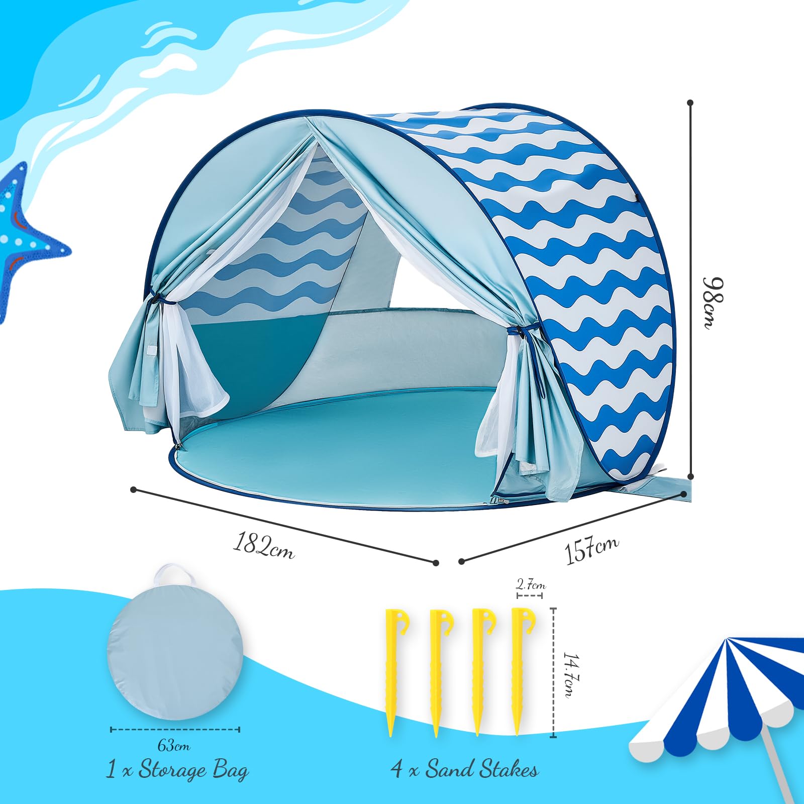 Tente de plage pop-up pour bébé : pare-soleil Apojungle pour tout-petits, protection UV pour garçons et filles, grande tente familiale, abri solaire, auvent coupe-vent pour camping, pique-nique, parc
