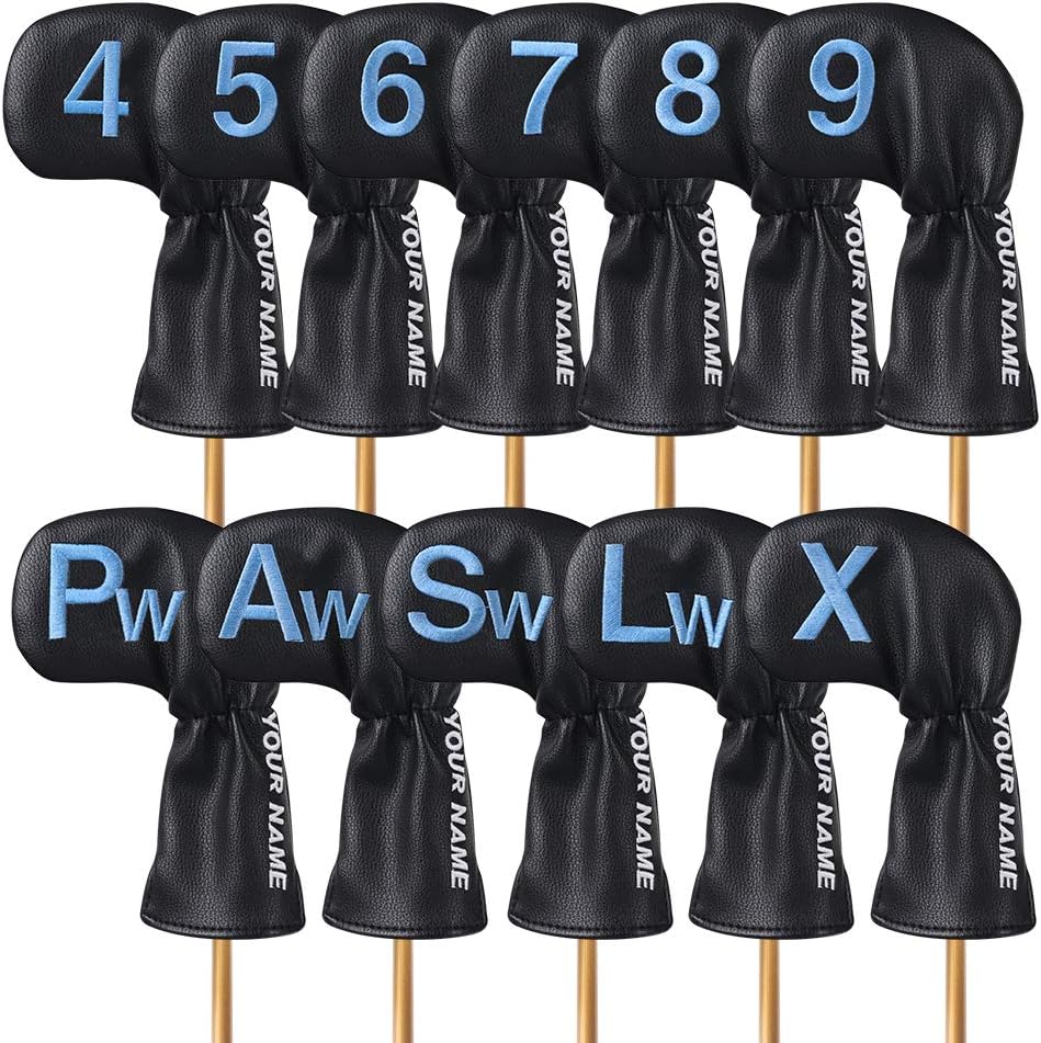Black Golf Club Iron Headcover Head Covers Protector Set with Blue Number Embroidered Also Available for Personalized Custom with Your Name