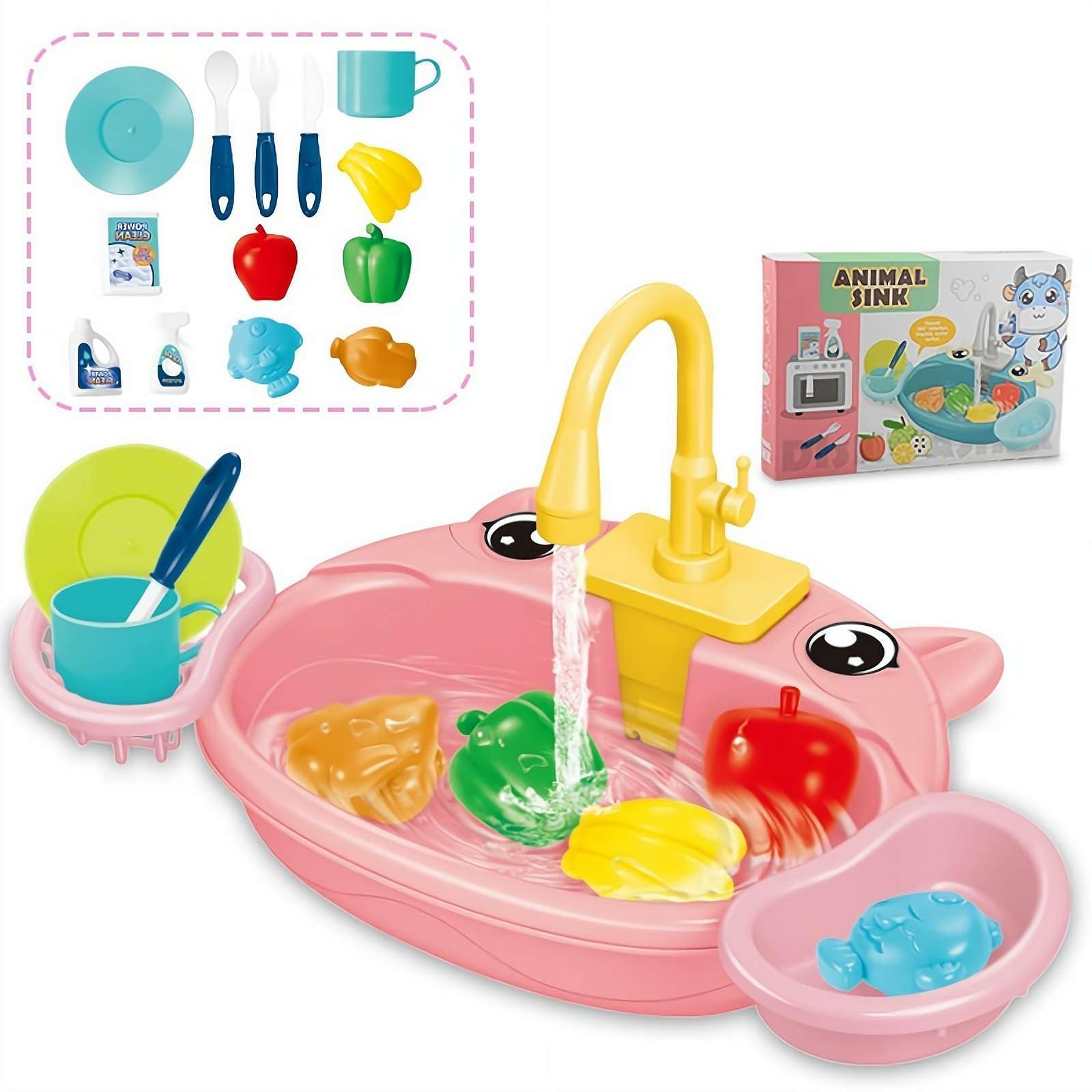 Kitchen Sink Toys with Running Water, Playing Dishwasher Toy Play Kitchen Accessories with Automatic Water, Role Play Toys for Boys Girls Kids Toddler