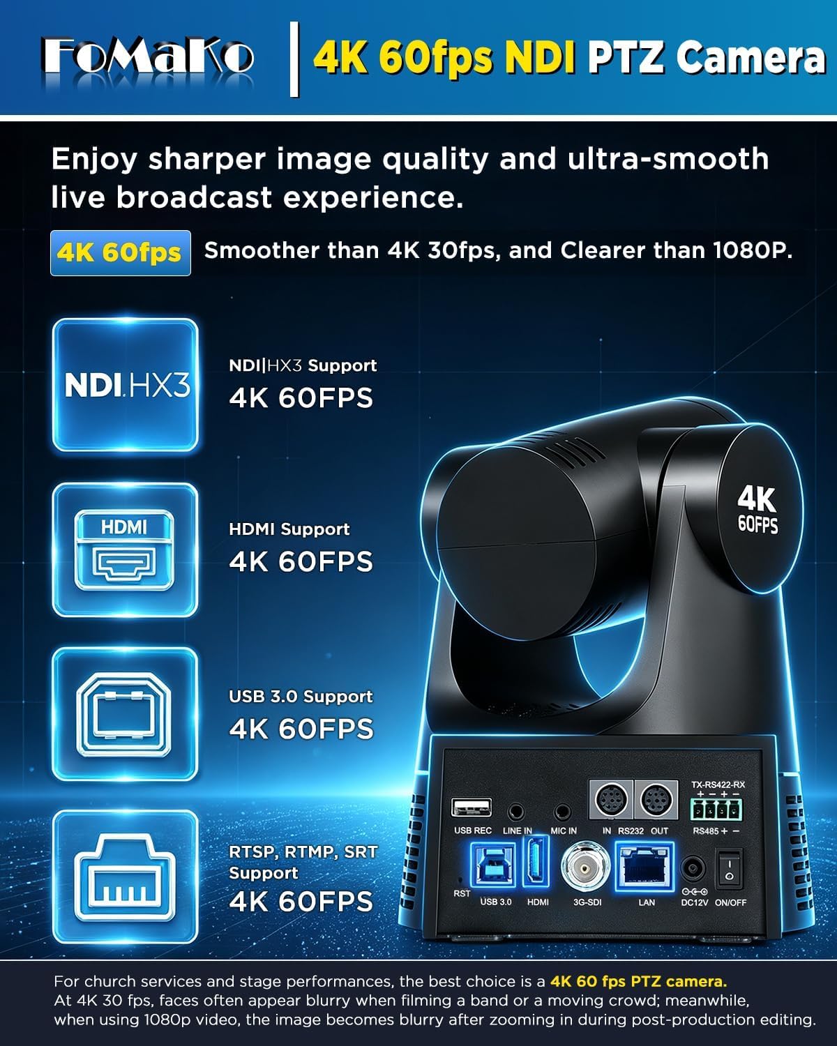 FoMaKo 4K 60FPS NDI HX3 PTZ Kamera, 30x Optischer Zoom, NDI-Ausgang 4K@60, KI-Auto-Tracking, 3G-SDI HDMI2.0 LAN PoE USB3.0, Professionelle NDI-Live-Streaming-PTZ-Kamera (K630N)