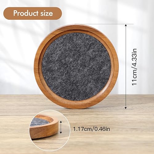 Miniatura 4 de Posavasos de madera de acacia para bebidas, 4.13 pulgadas, de fieltro de madera para mesa auxiliar, juego de 6 con soporte, posavasos apilables