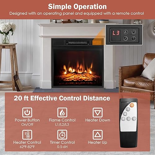 Miniatura 8 de SIMOE Insertos de chimenea eléctrica de 18 pulgadas, chimenea empotrada e independiente de 1400 W con brillo de llama 3D y termostato, temporizador