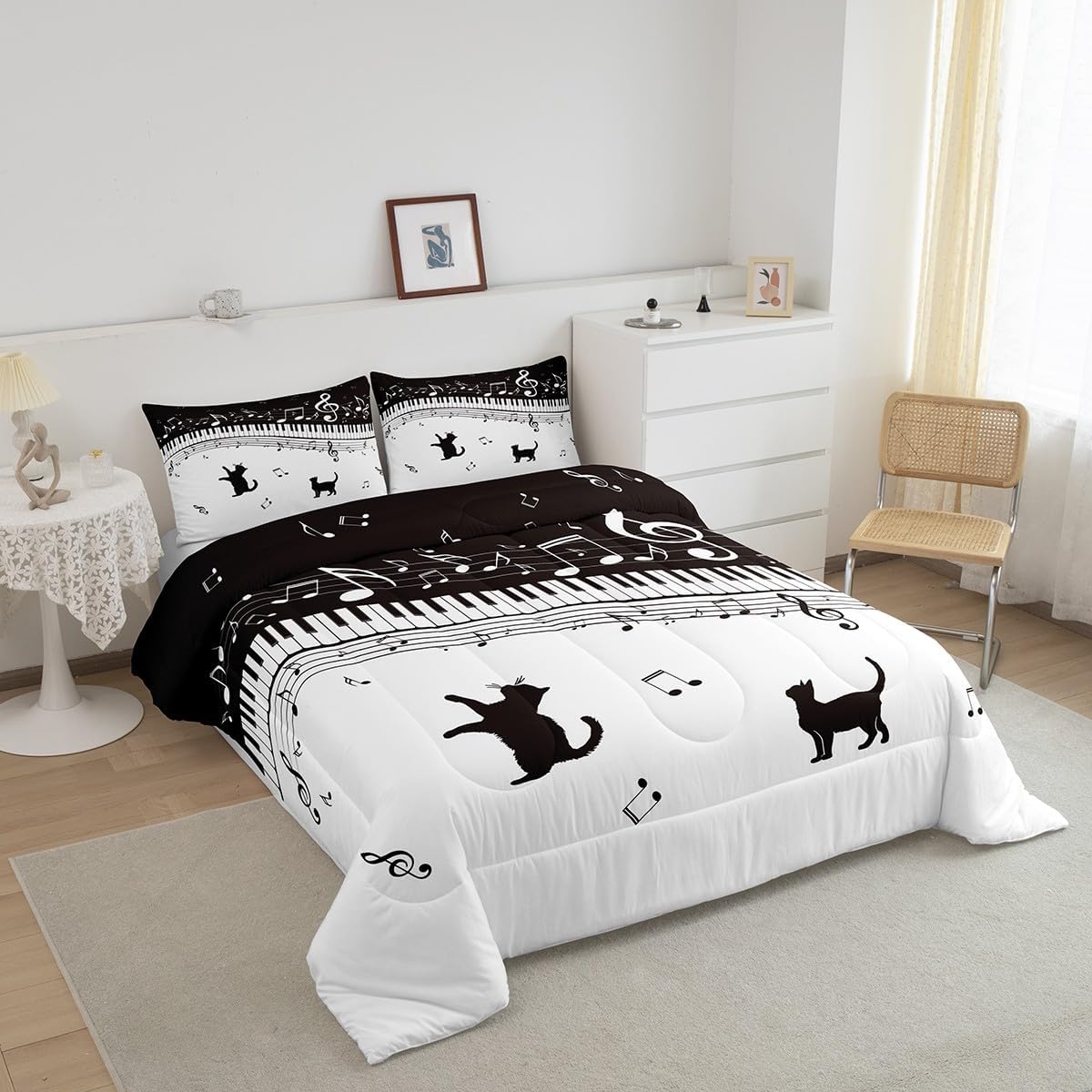 Homewish Piano Comforter Set Queen Size Black Musical Notes Bedding Set 3pcs for Kids Teens Girls Music Lover Room Decor Cat Pet Silhouette Quilt Set White Microfiber Duvet Insert,2 Pillowcases image 2
