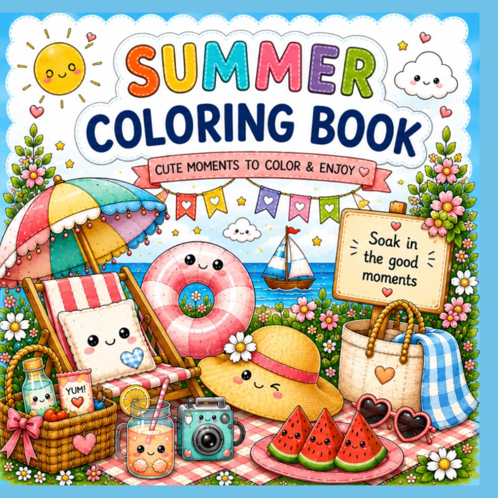 Summer Vibes Coloring Book: Cozy & Relaxing Kawaii Pages with Sweet Treats, Beach Vibes, Picnics, and Happy Summer Moments