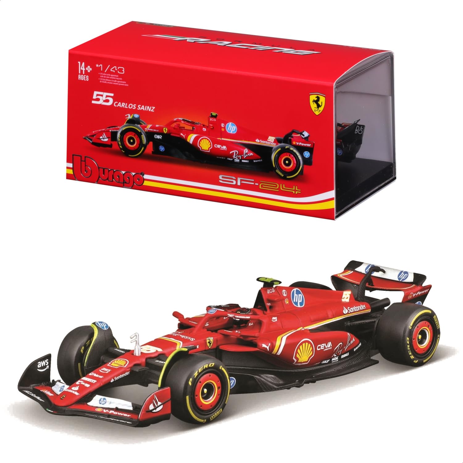 Bburago F1 Formula 1 FERRARI SF-24 (2024) WITH HELMET- SAINZ - 1:43 Scale - Incredibly Detailed Die-Cast Replica Collectible Race Car Model