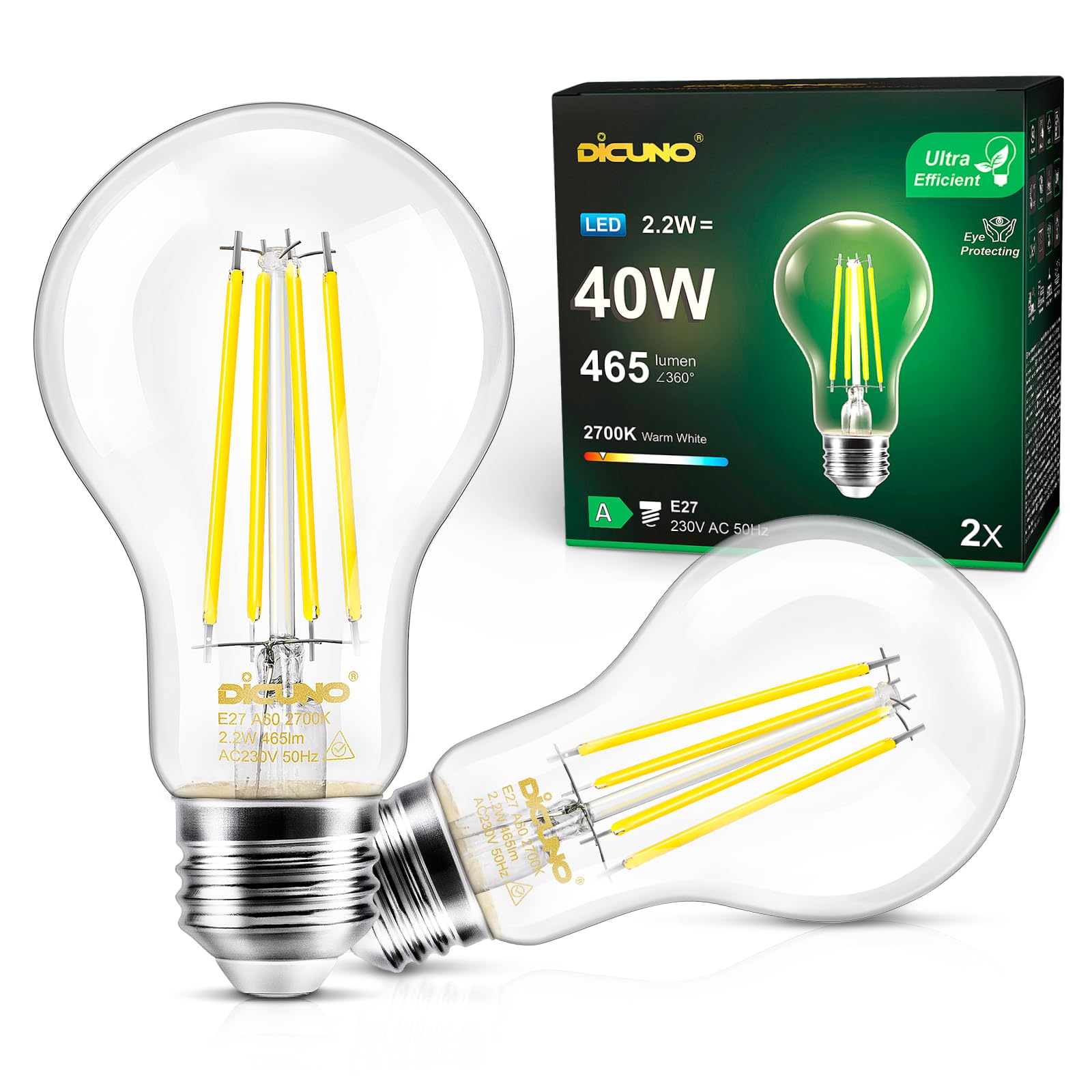 DiCUNO Edison LED Lampe E27, Classic ultraeffiziente Birne, A Label, 2 ...