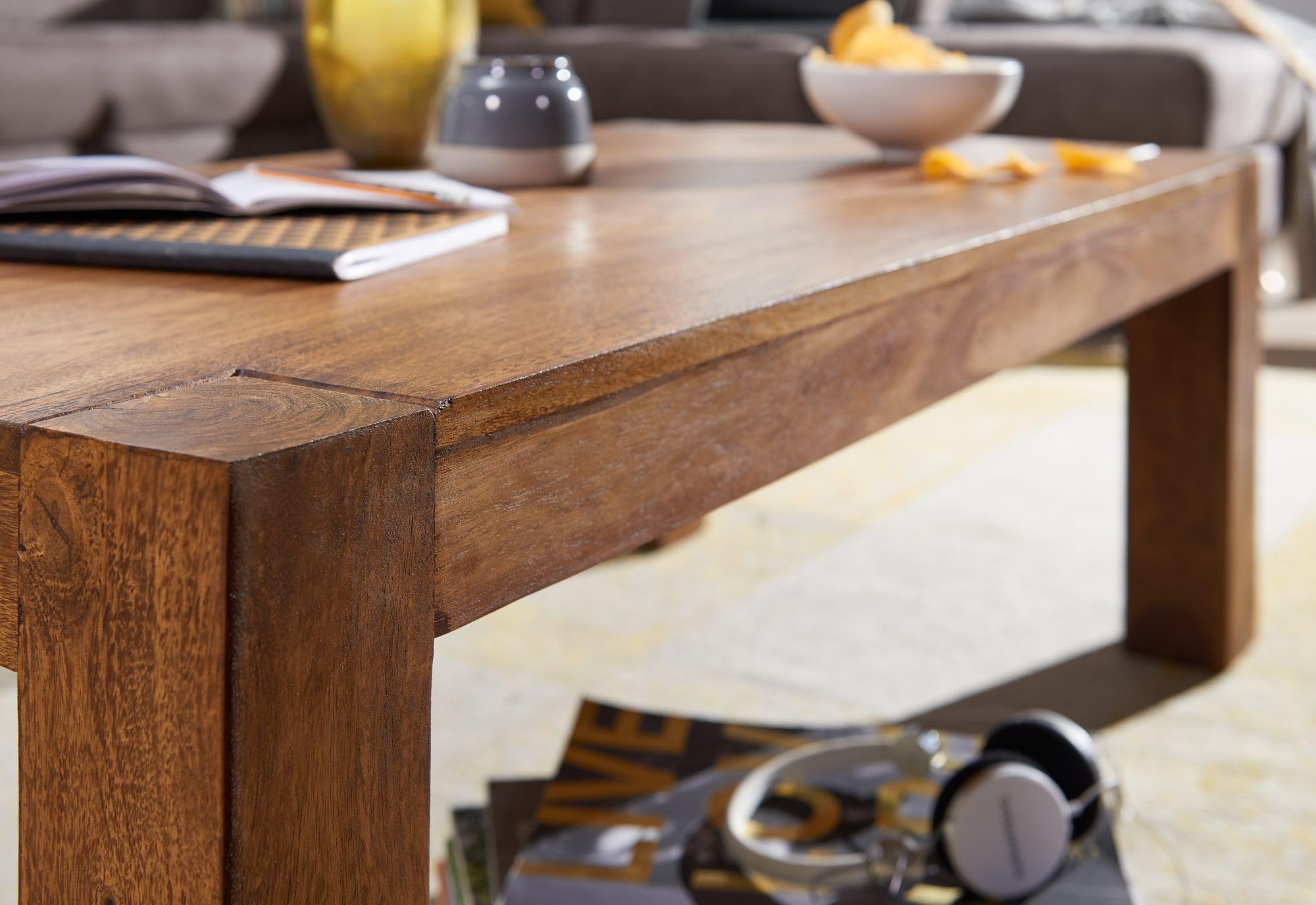 WOHNLING Mesa de Centro de Madera Maciza Sheesham 110cm Sala de Estar Amplia Mesa de Estilo rústico marrón Oscuro diseño de la Tabla
